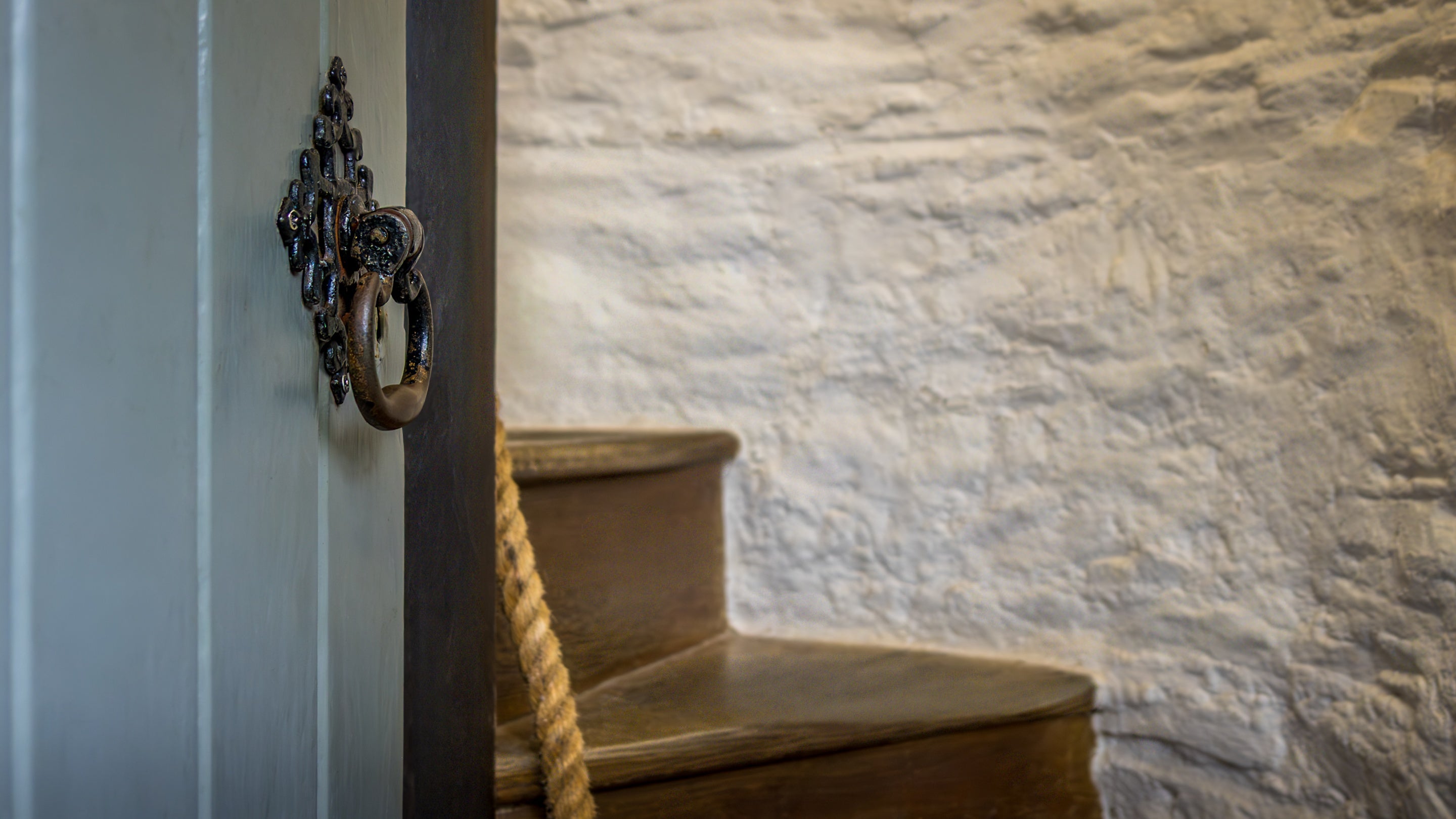 The front door opening to the enclosed spiral staircase at Trelissick Water Tower, Cornwall