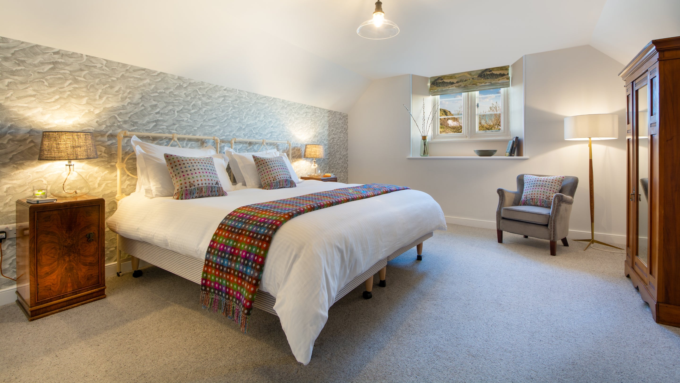 The master bedroom at Winnanton Farmhouse, Cornwall