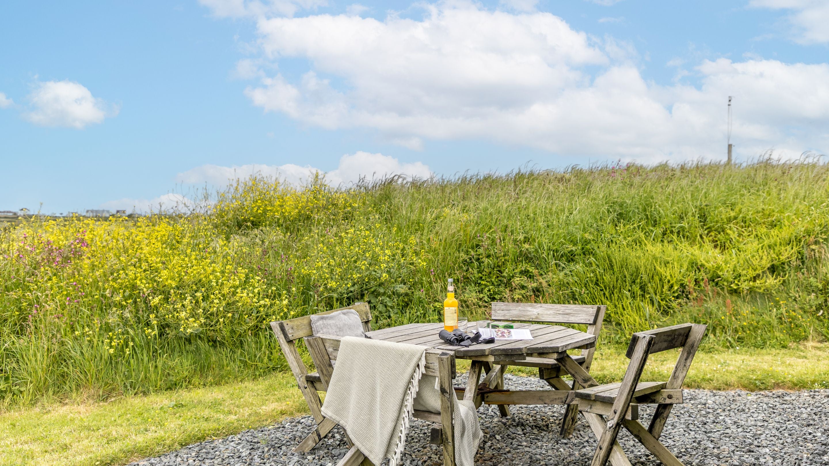 The garden with picnic table at Wireless Cottage, Cornwall