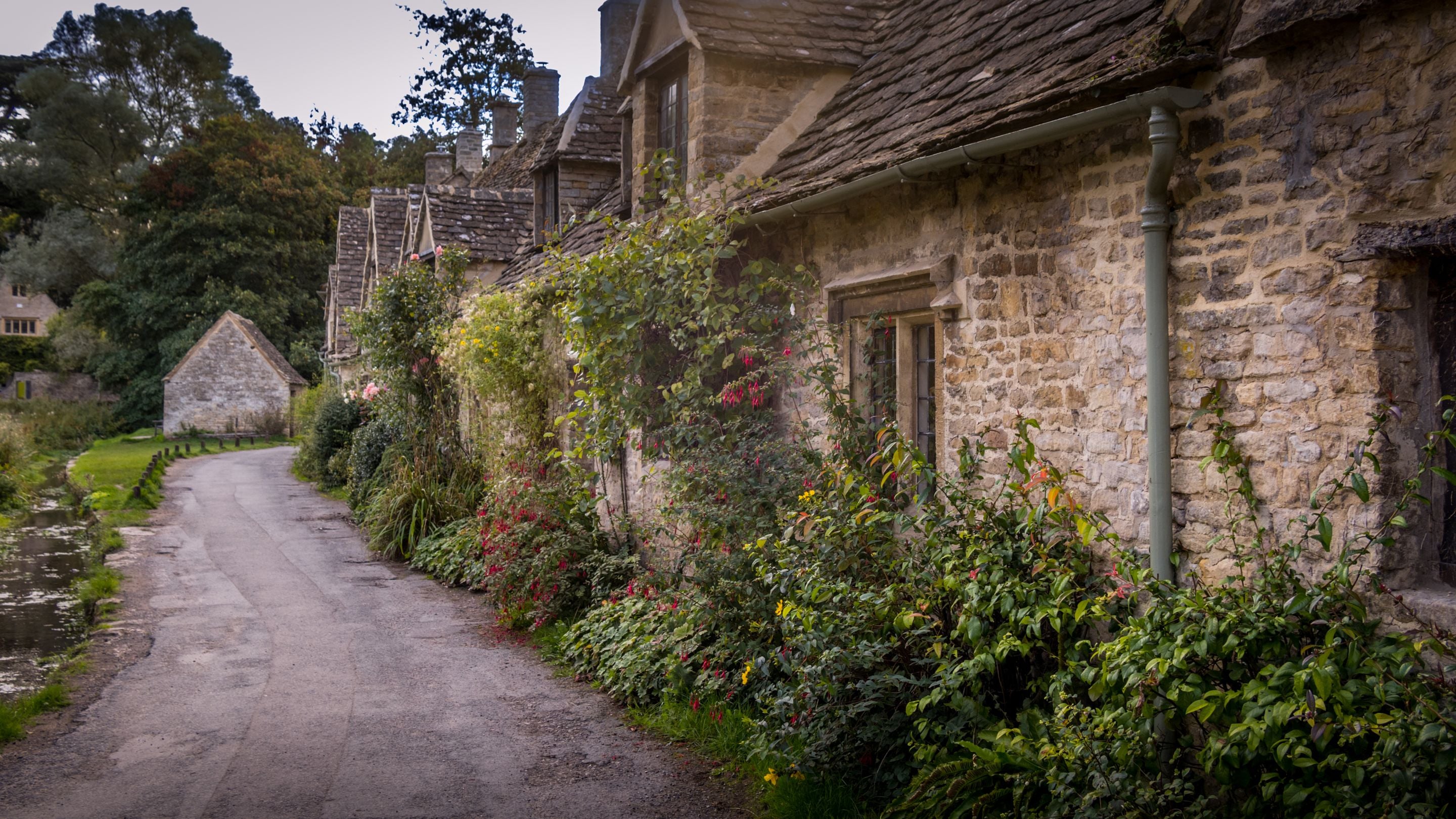 Other houses along Arlington Row, with plants and flowers growing up the stonework, Gloucestershire