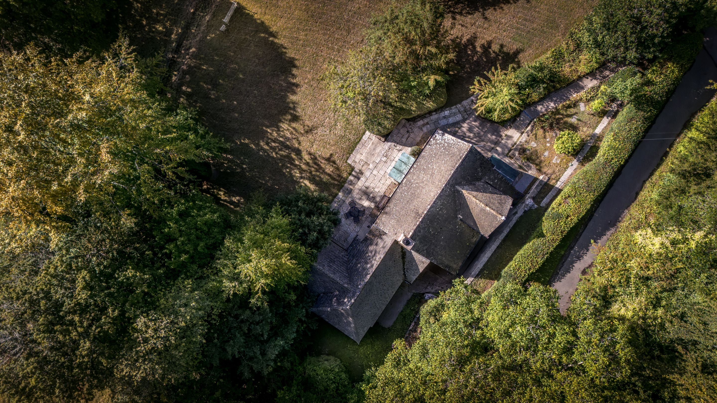 An aerial view of Woody's Cottage and its garden, Gloucestershire