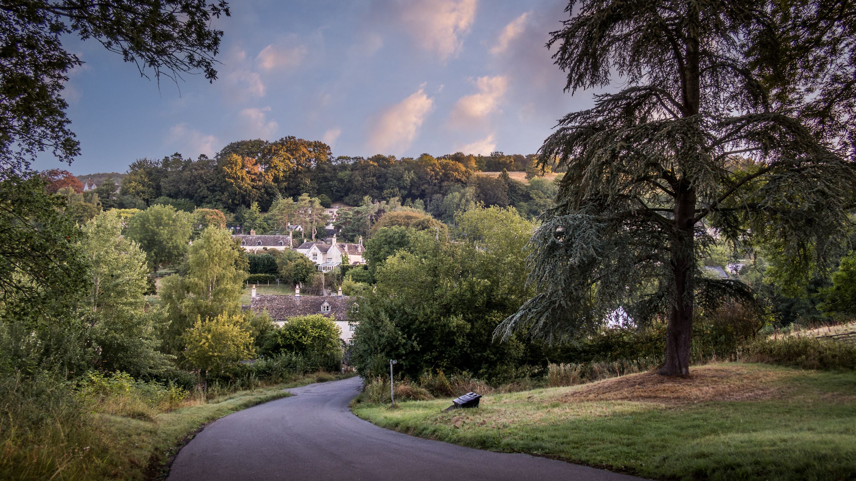 Looking towards the village green in Sheepscombe, near Woody's Cottage, Gloucestershire