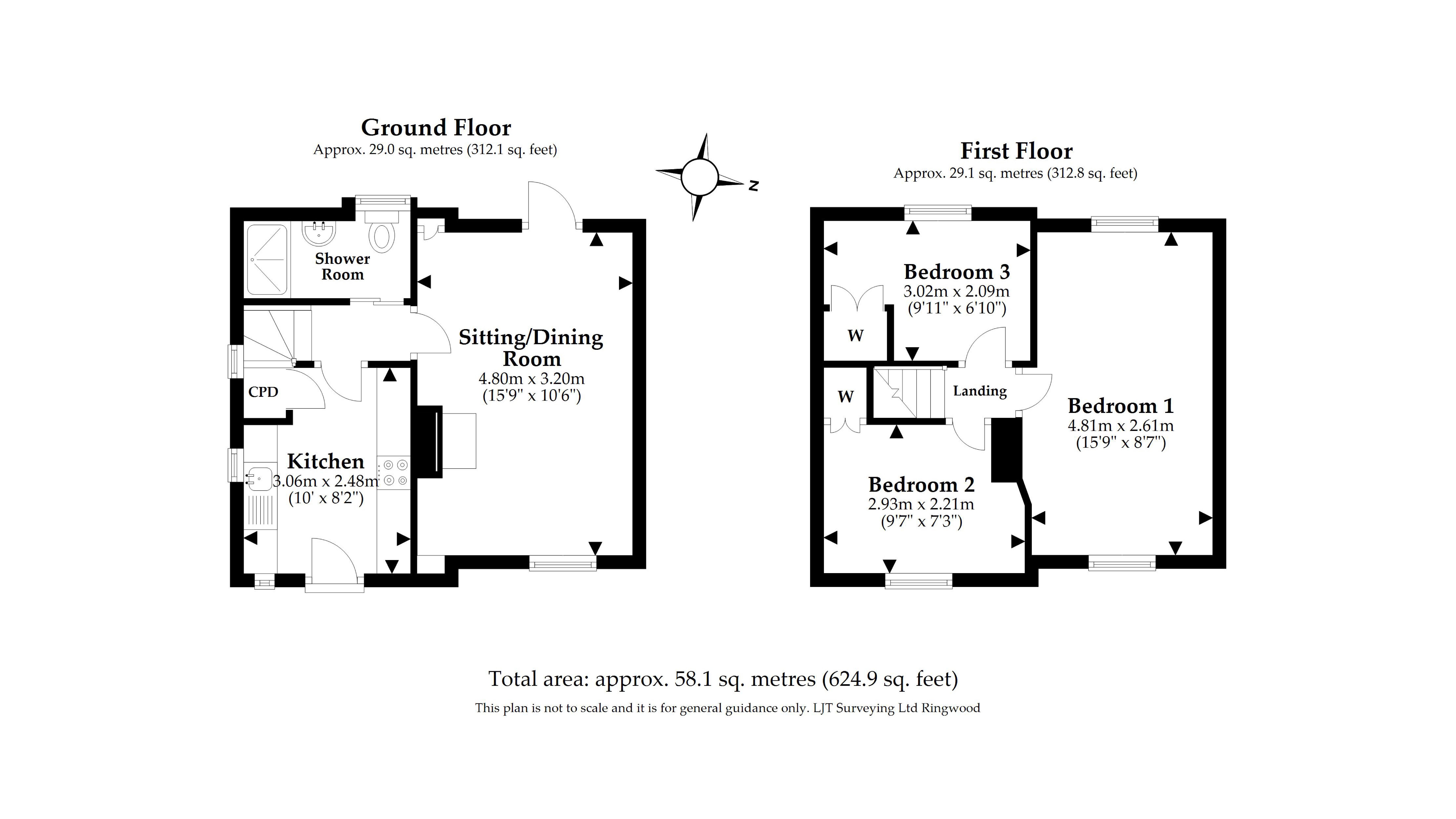 The floor plan for 2 Coleton Barton, with the ground floor showing sitting and dining room, kitchen and shower room, and with the first floor showing three bedrooms