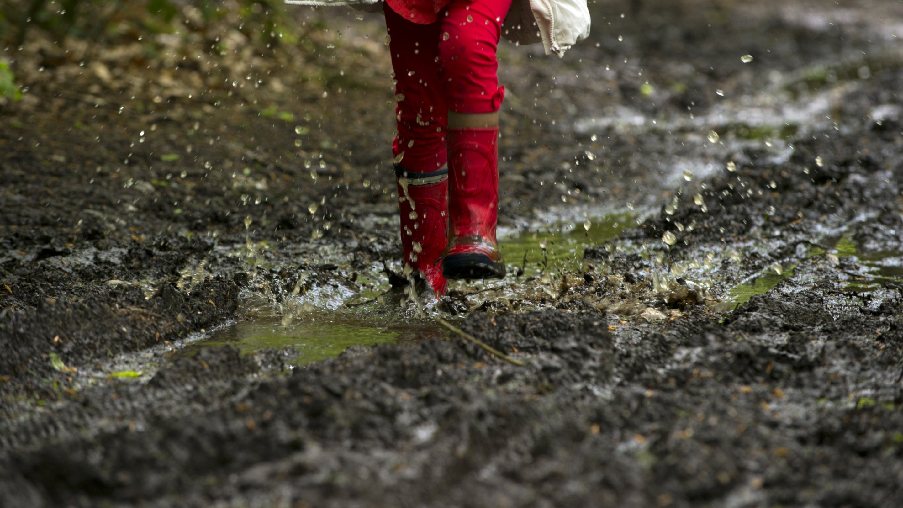 Child splashing along a wet track in the woodland at Box Hill, Surrey