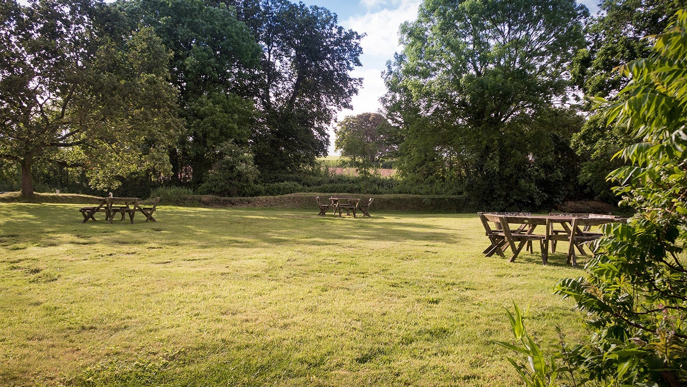 The shared garden at Broad Ley Cottage, Broadclyst, Devon