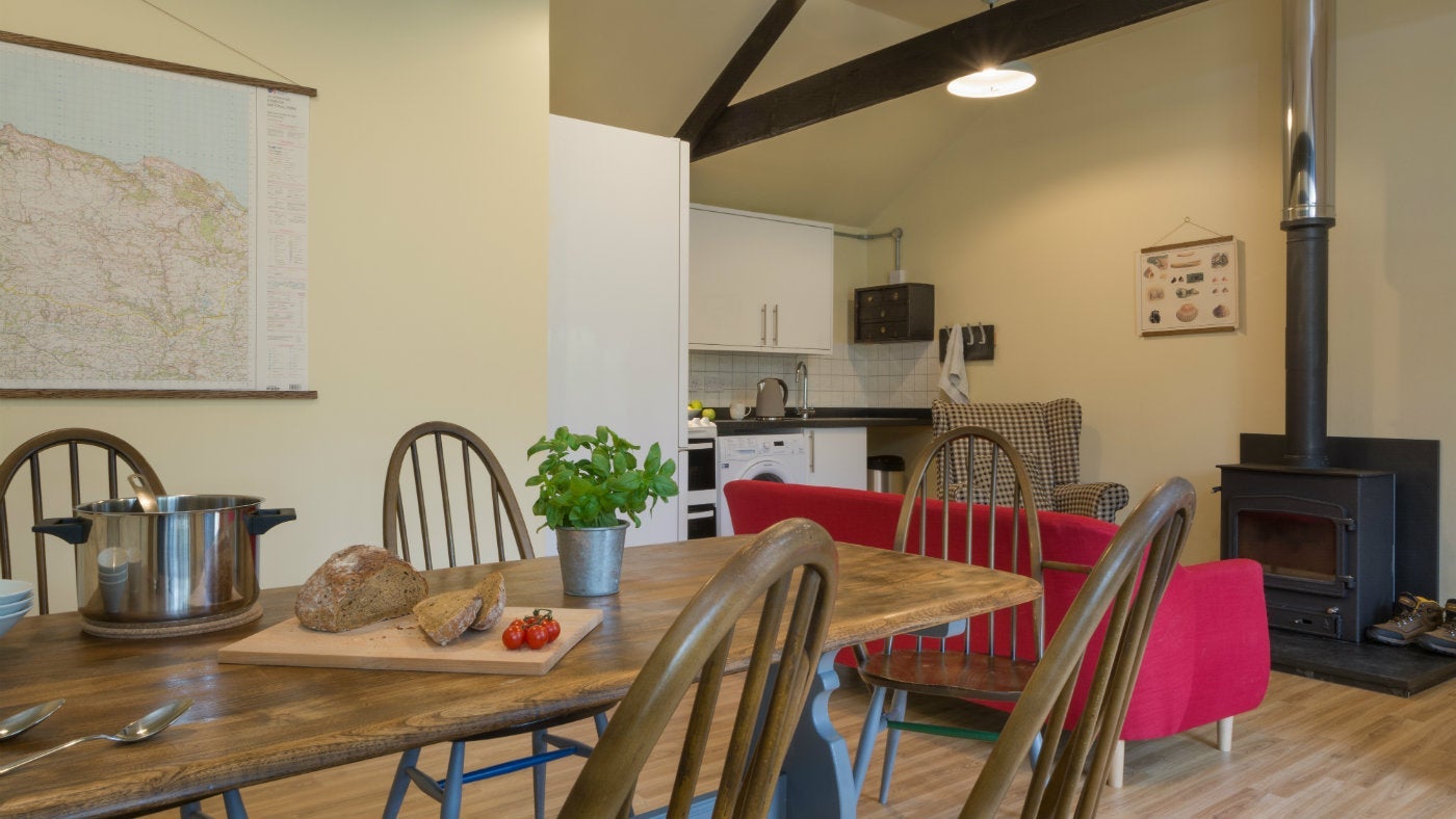 The kitchen, sitting and dining room at Butter Hill Barn, Lynmouth Devon