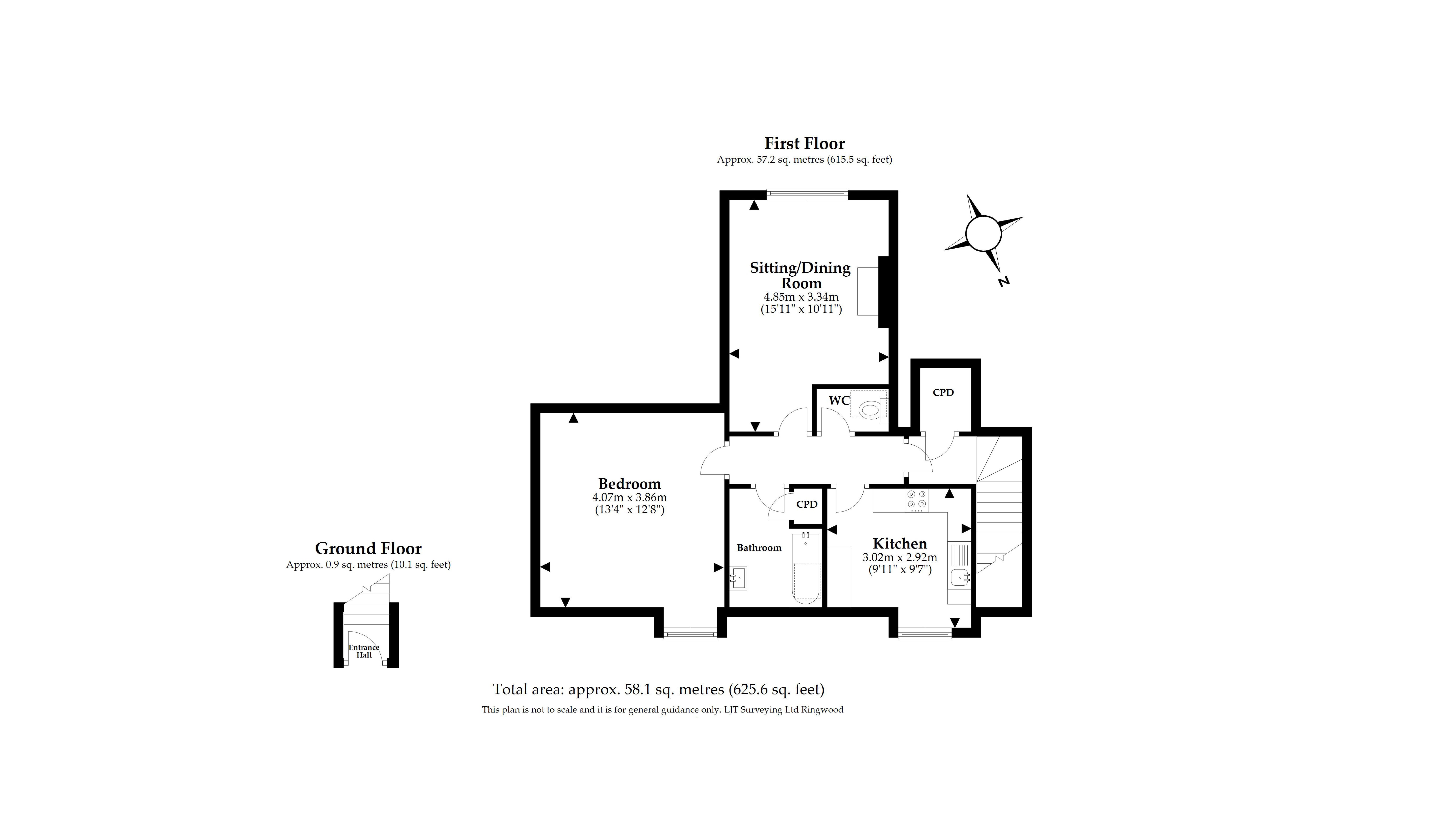 The floor plan for The Chauffeur's Flat, showing entrance door and stairs from the ground floor, and the first floor with hall, kitchen, sitting room with dining table, bedroom, toilet and bathroom.