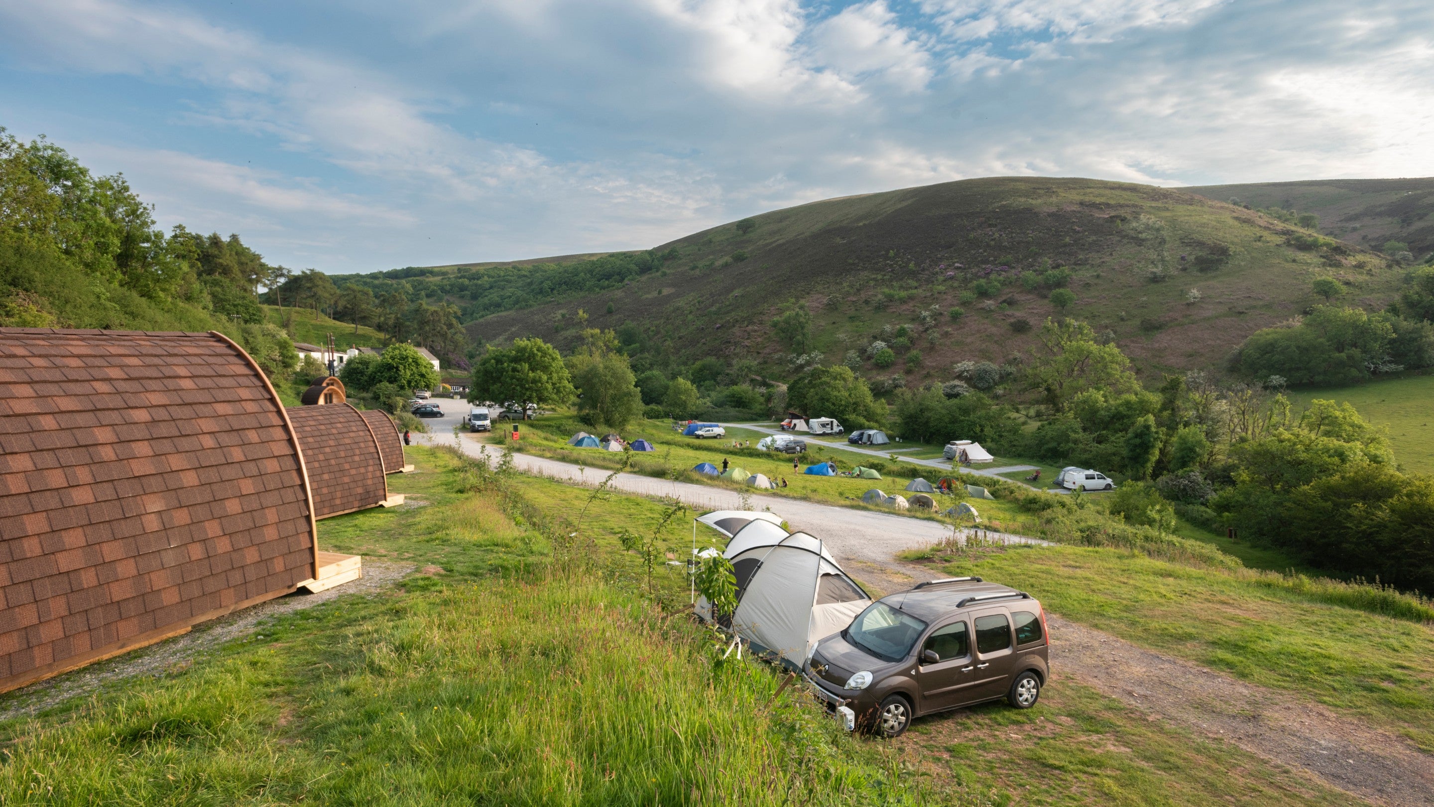 The view from the row of pods at Cloud Farm Campsite, Devon