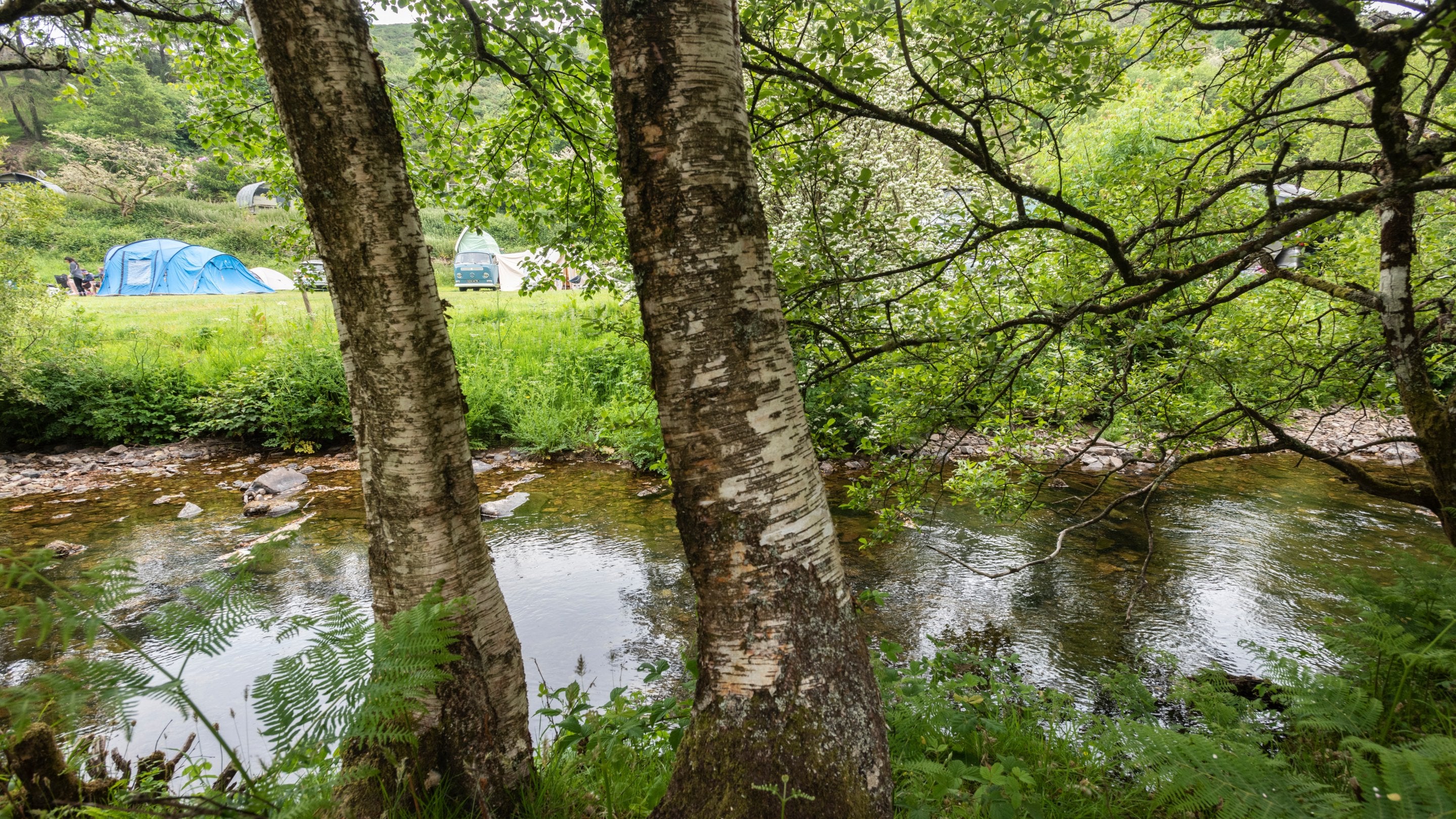 Camping by the river at Cloud Farm Campsite, Devon