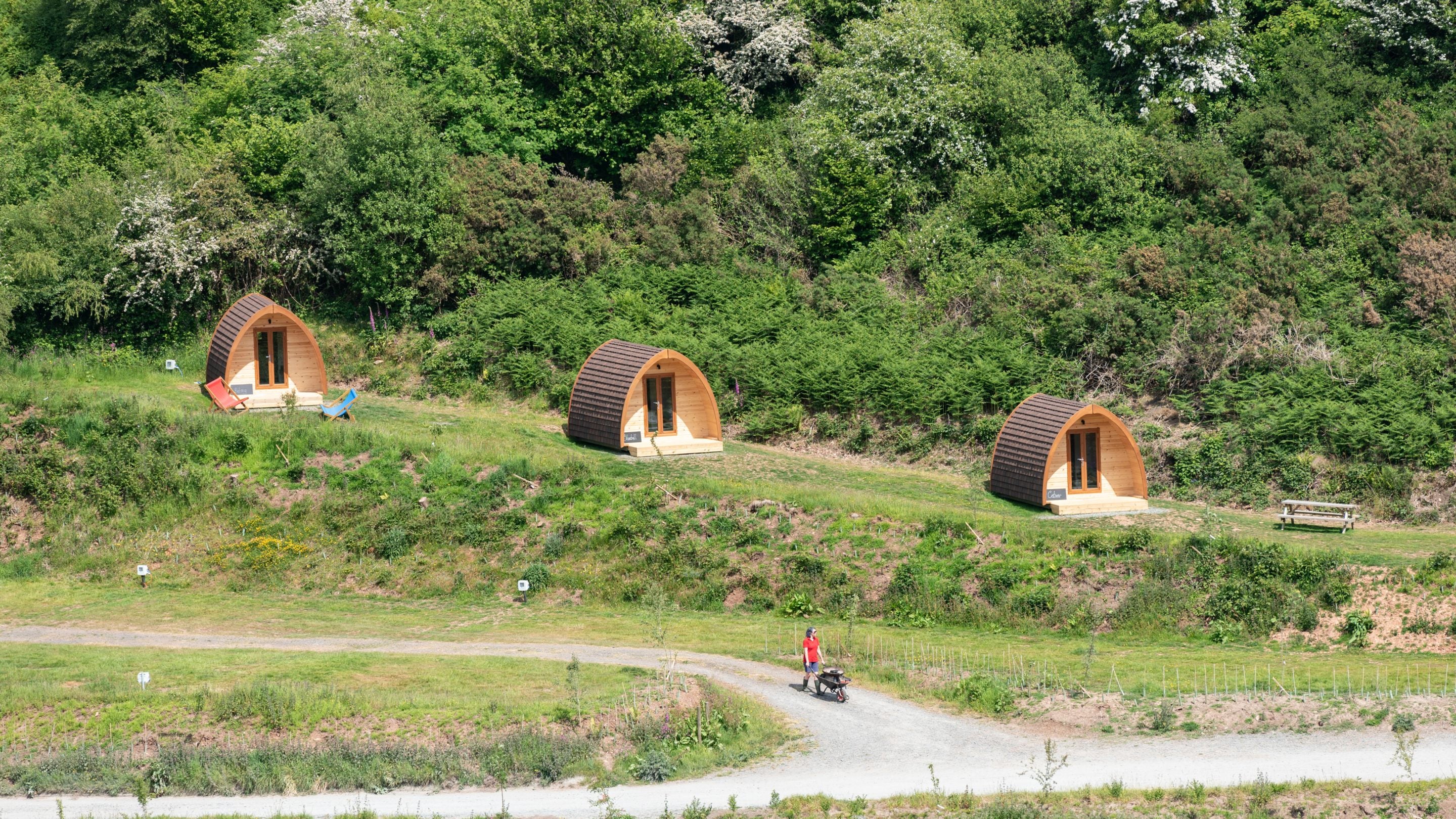The row of pods in their elevated position at Cloud Farm Campsite, Devon