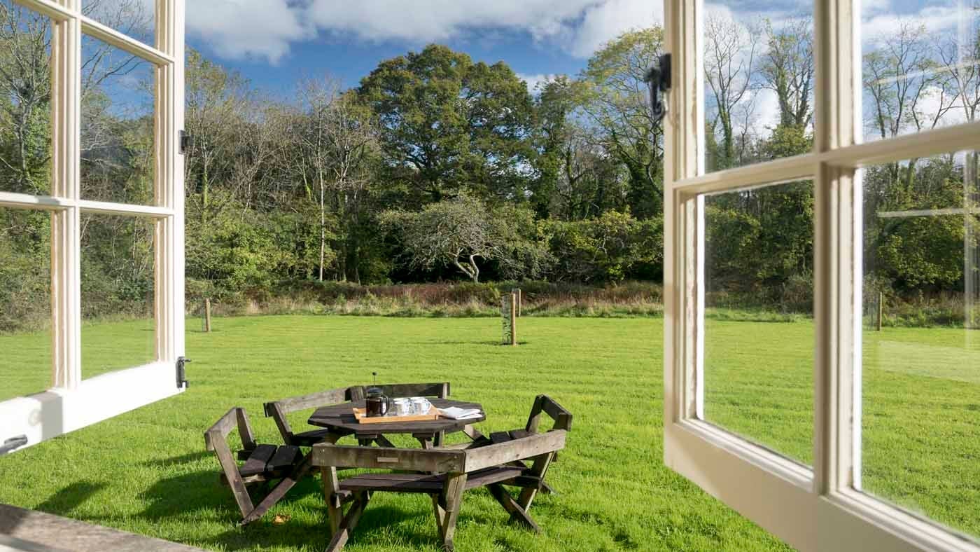 The view from the dining room at Forest Cottage, near Exeter, Devon