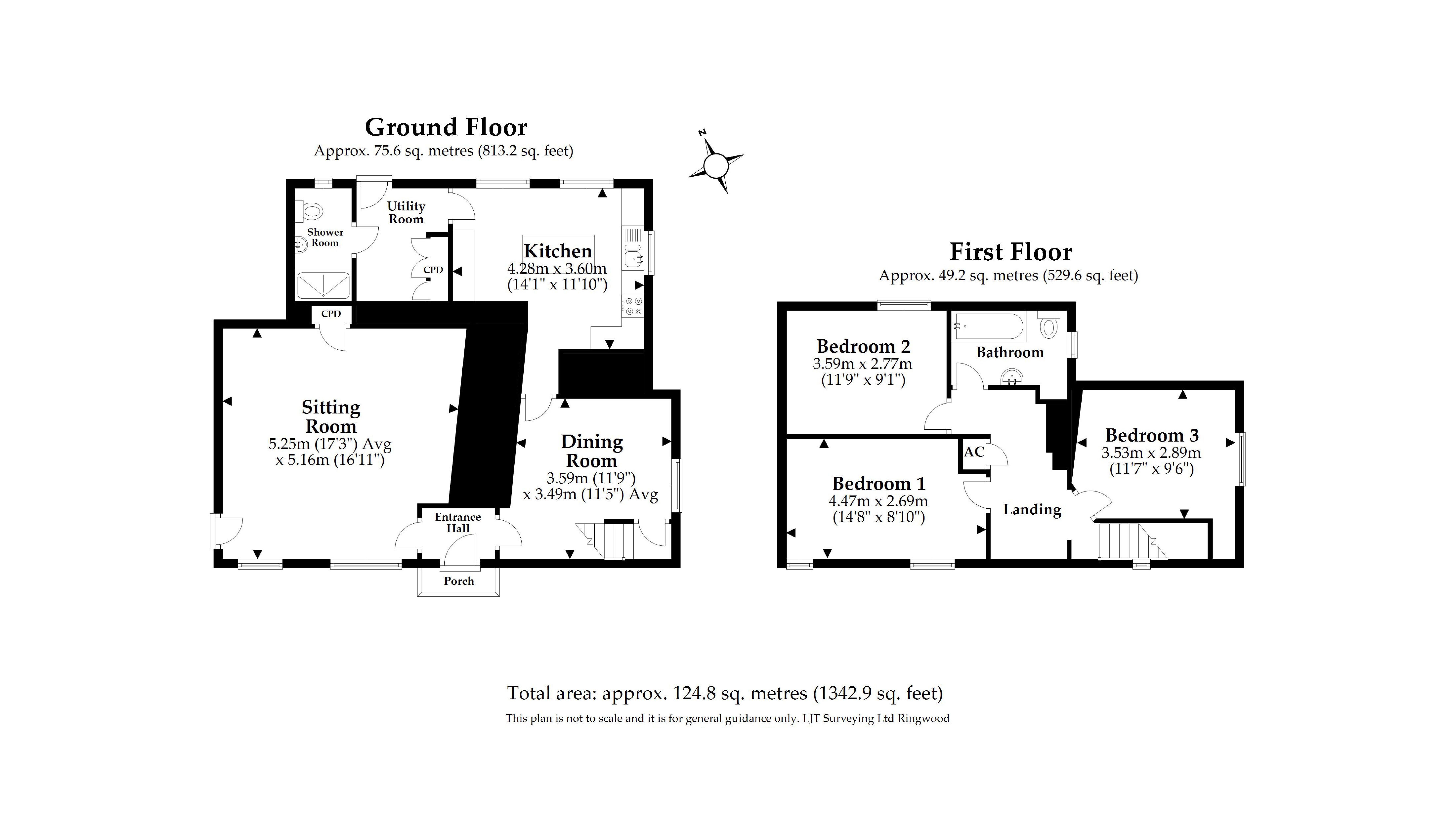 The floor plan for Forest Cottage, showing the ground floor with sitting room, dining room, kitchen, utility room and shower room, and the first floor with three bedrooms and the bathroom
