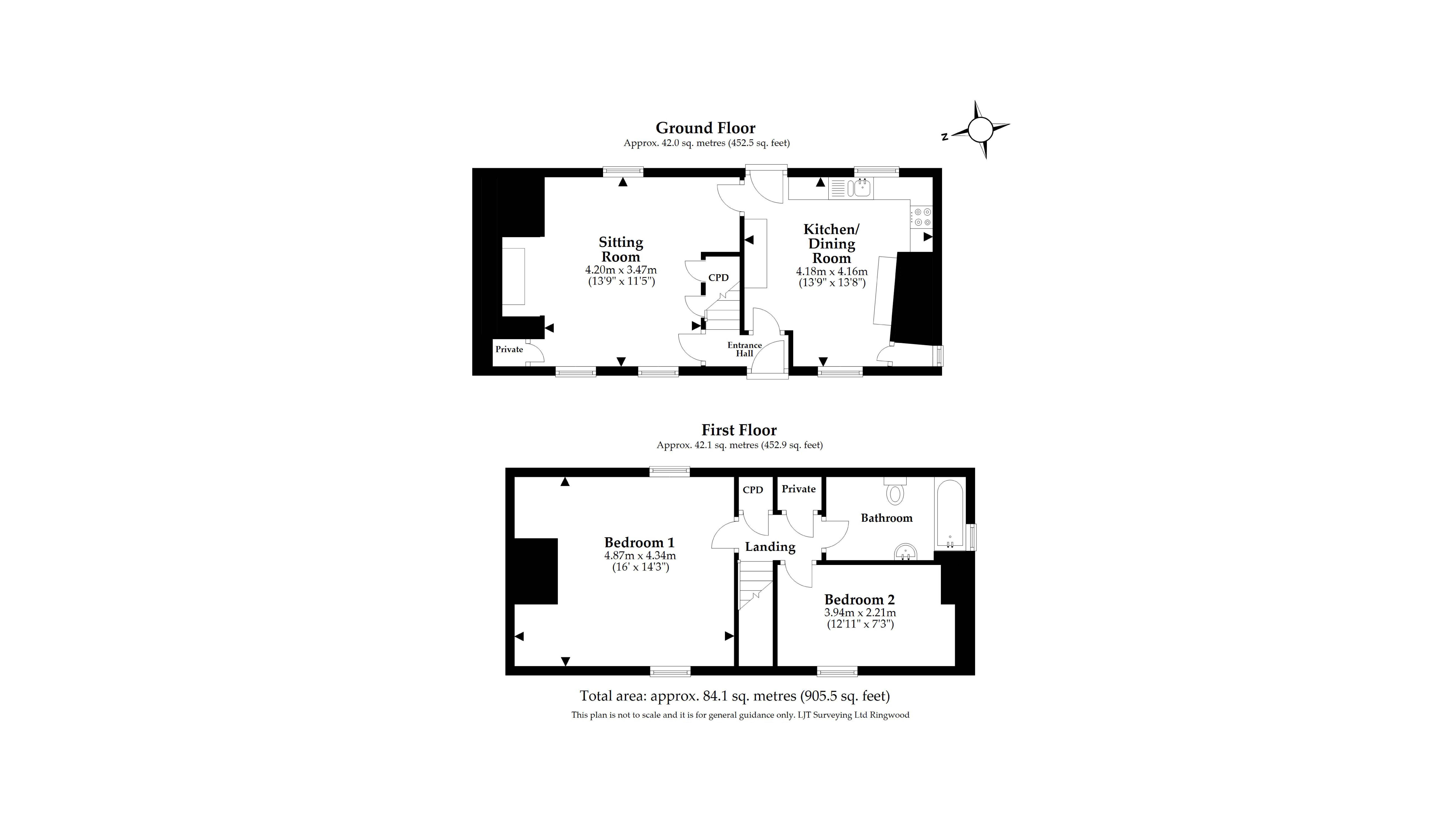 The floor plan for Forge Cottage, showing the ground floor with sitting room and kitchen with table, and the first floor with two bedrooms and bathroom