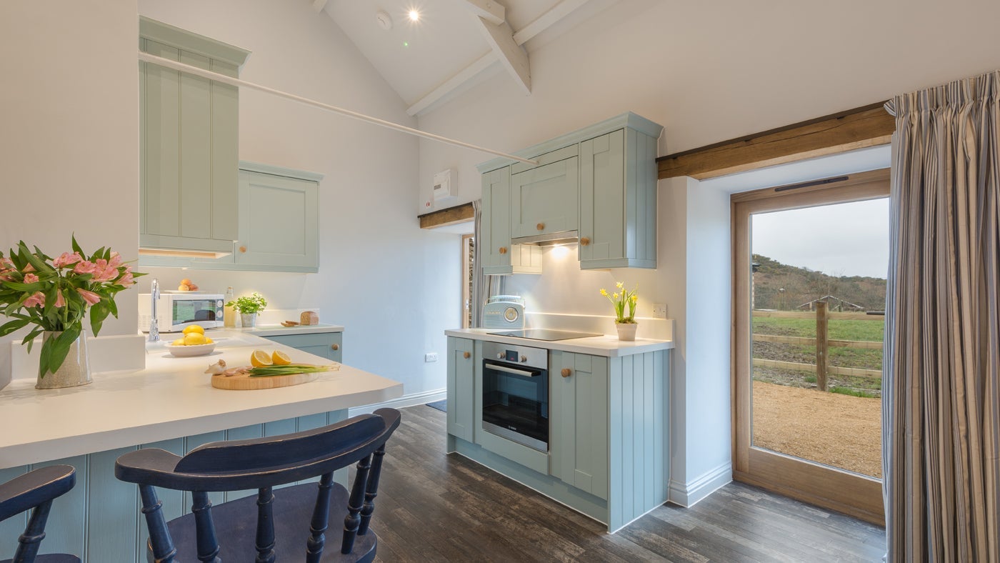 The kitchen at Gordon's Cabin, Woolacombe, Devon