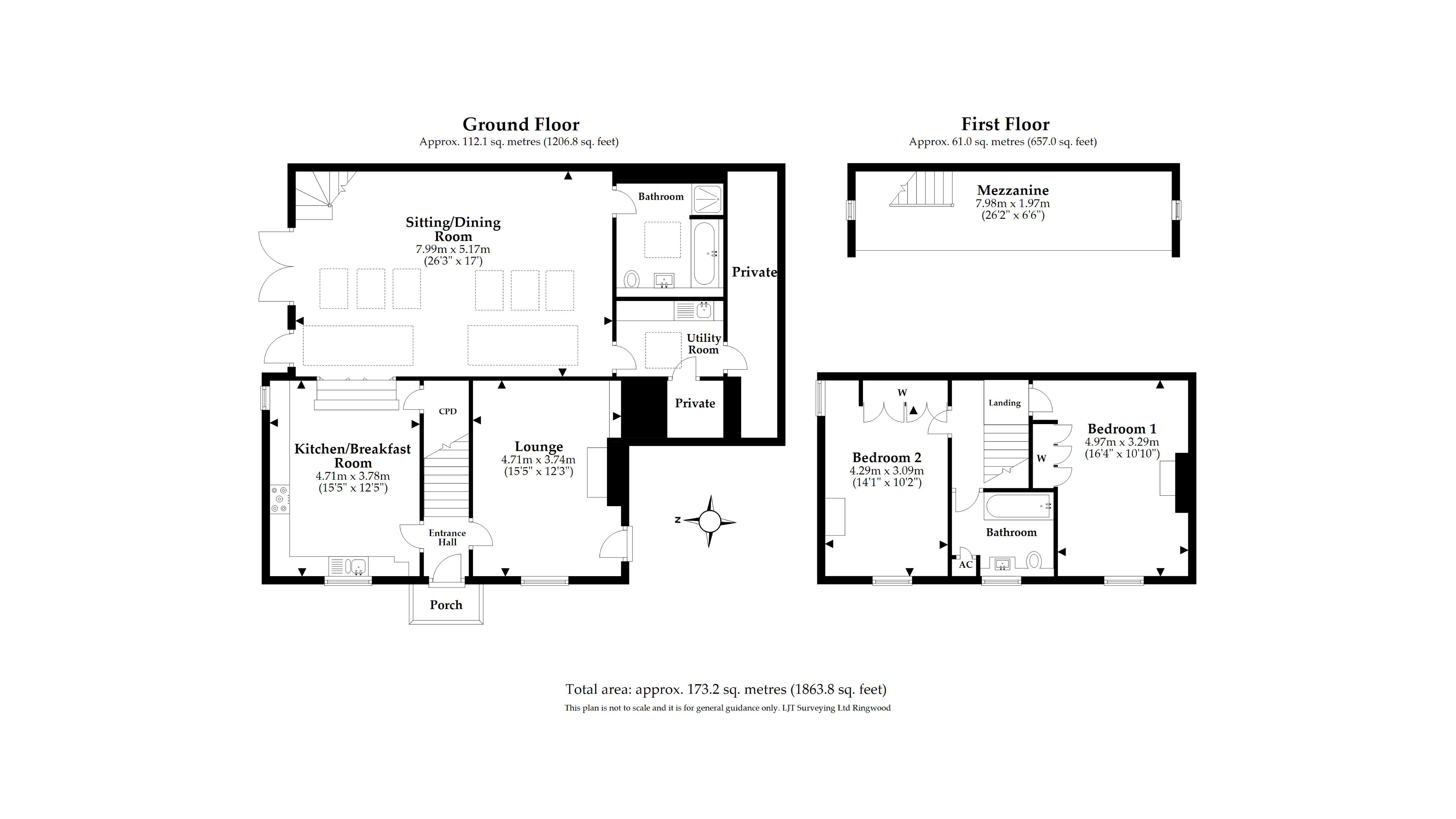 The floor plan for Greenway Ferry Cottage, showing the ground floor with sitting and dining room, kitchem, lounge, utility room and bathroom, and the first floor with two bedrooms and bathroom