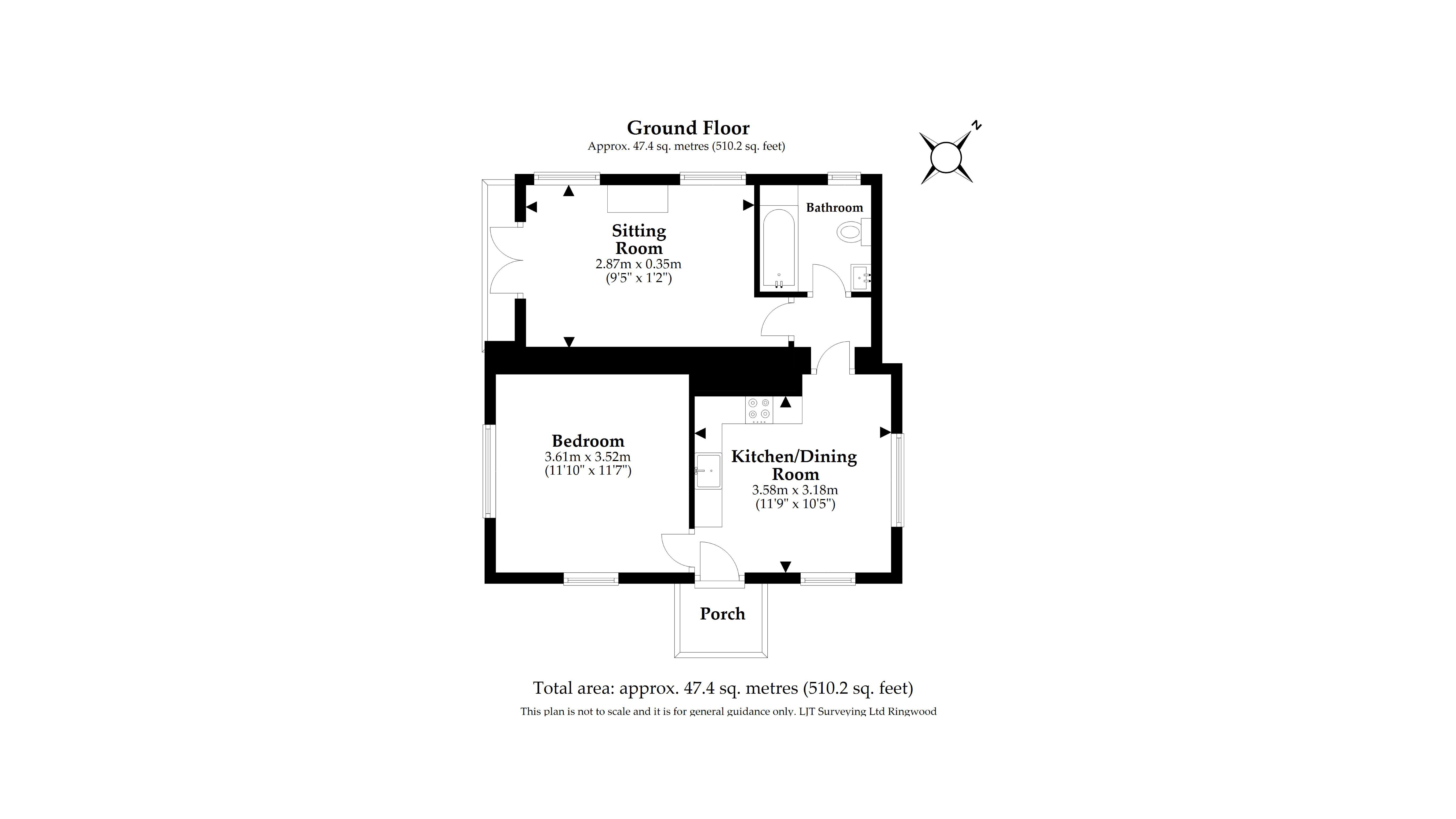 The floor plan for The Lodge At Greenway, showing the porch, kitchen-diner, sitting room, bedroom and bathroom.