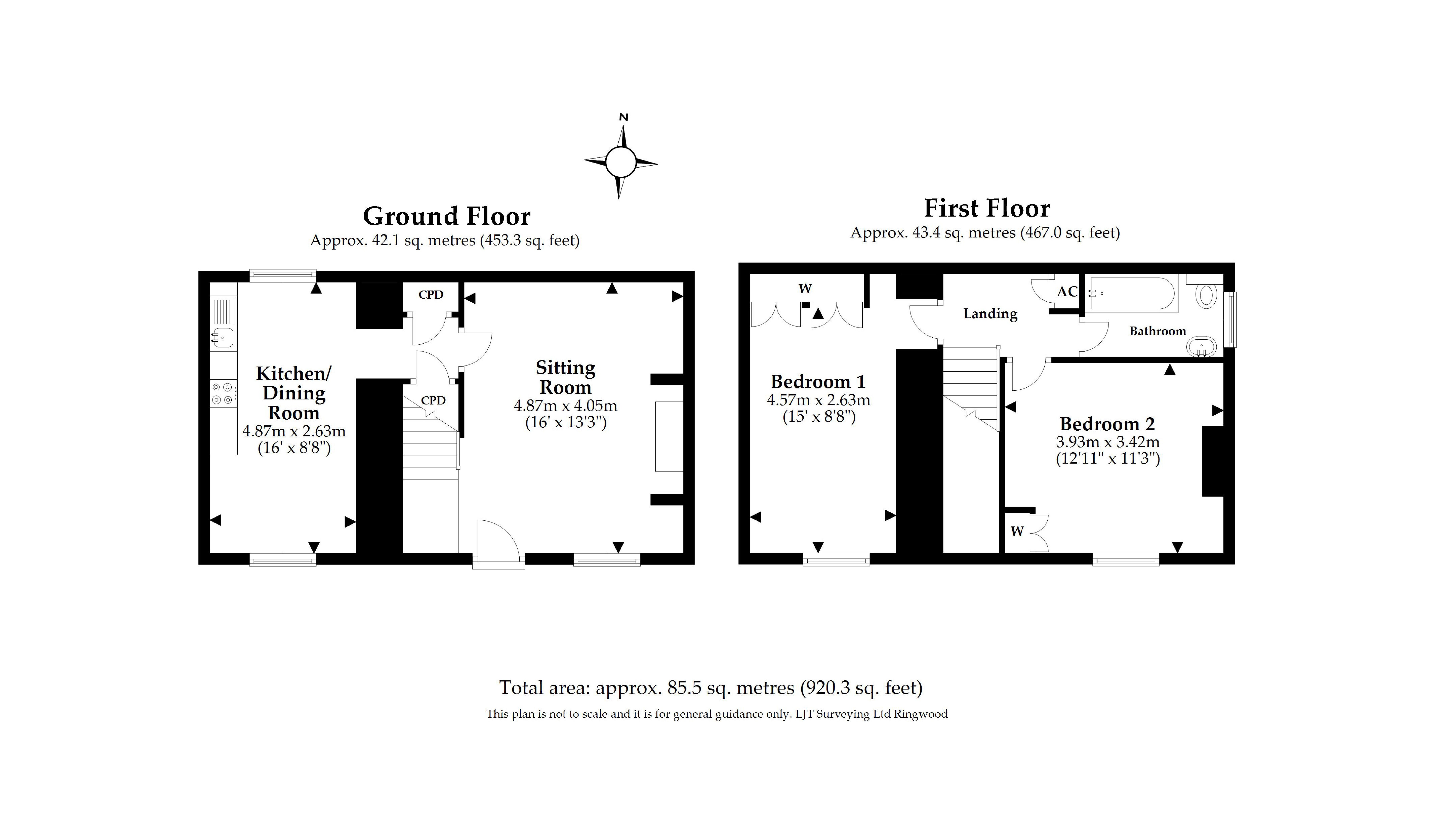 The floor plan for Longmeadow Cottage, showing the ground floor with the sitting room and kitchen, and the first floor with two bedrooms and bathroom