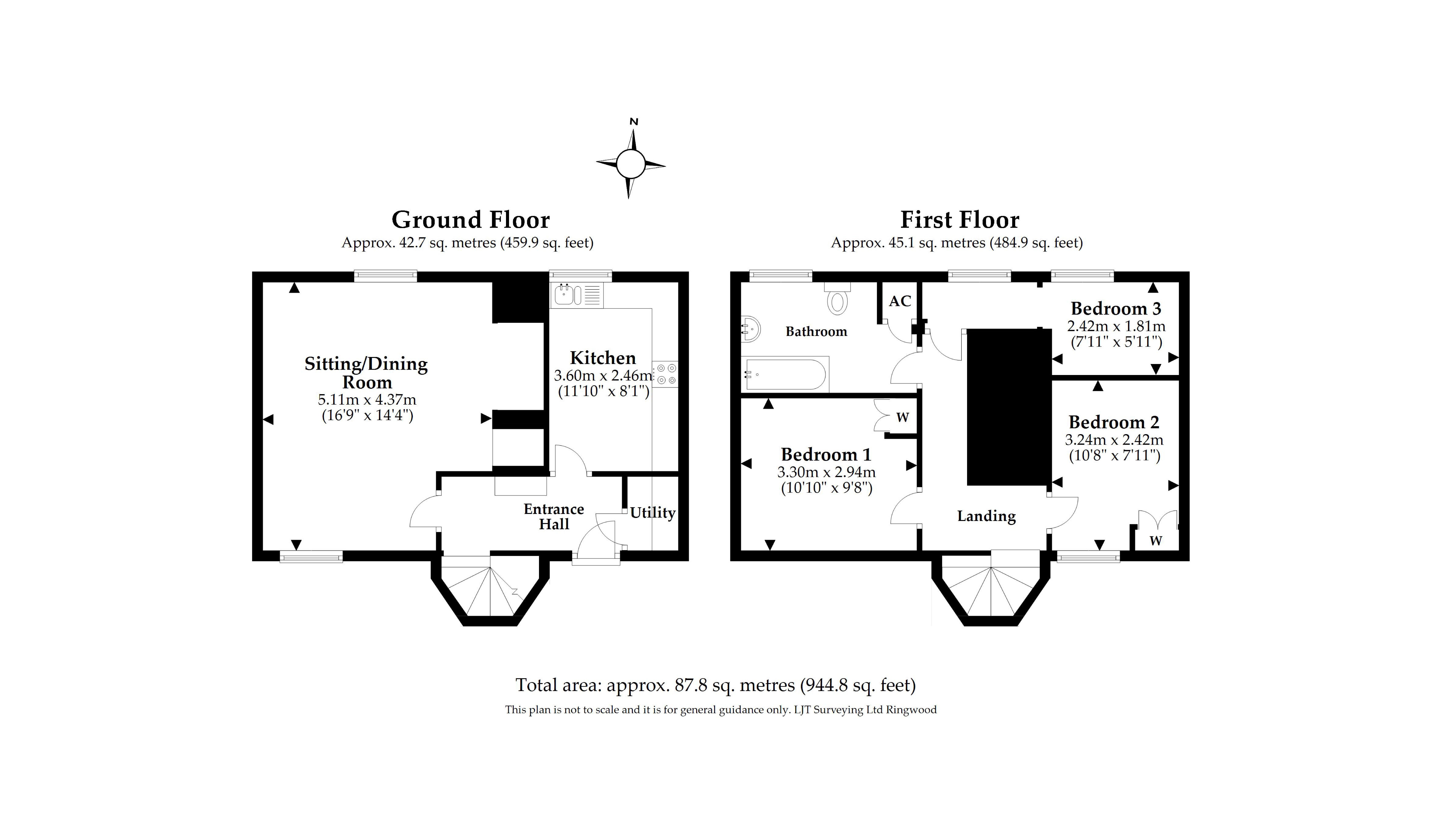 The floor plan for Mattress Cottage, showing the ground floor with sitting room, kitchen and utility room, and the first floor with three bedrooms and bathroom