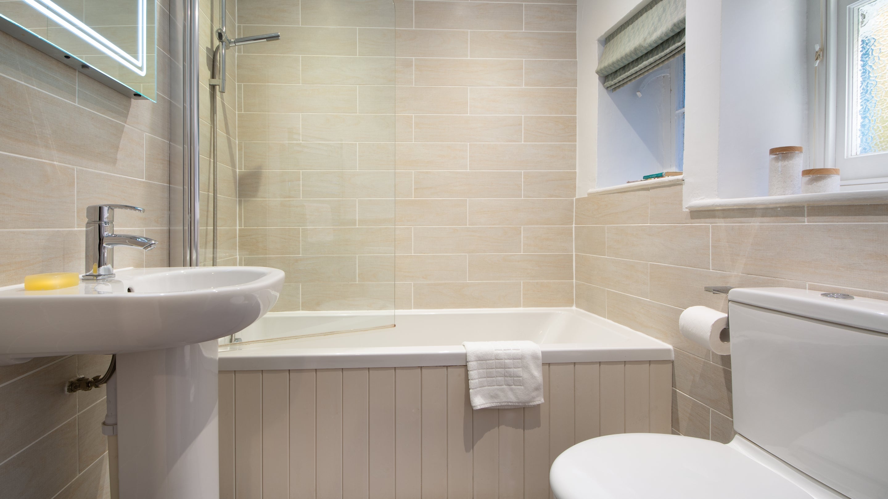 The bathroom at Peppercombe Coastguard Cottage 3, Devon