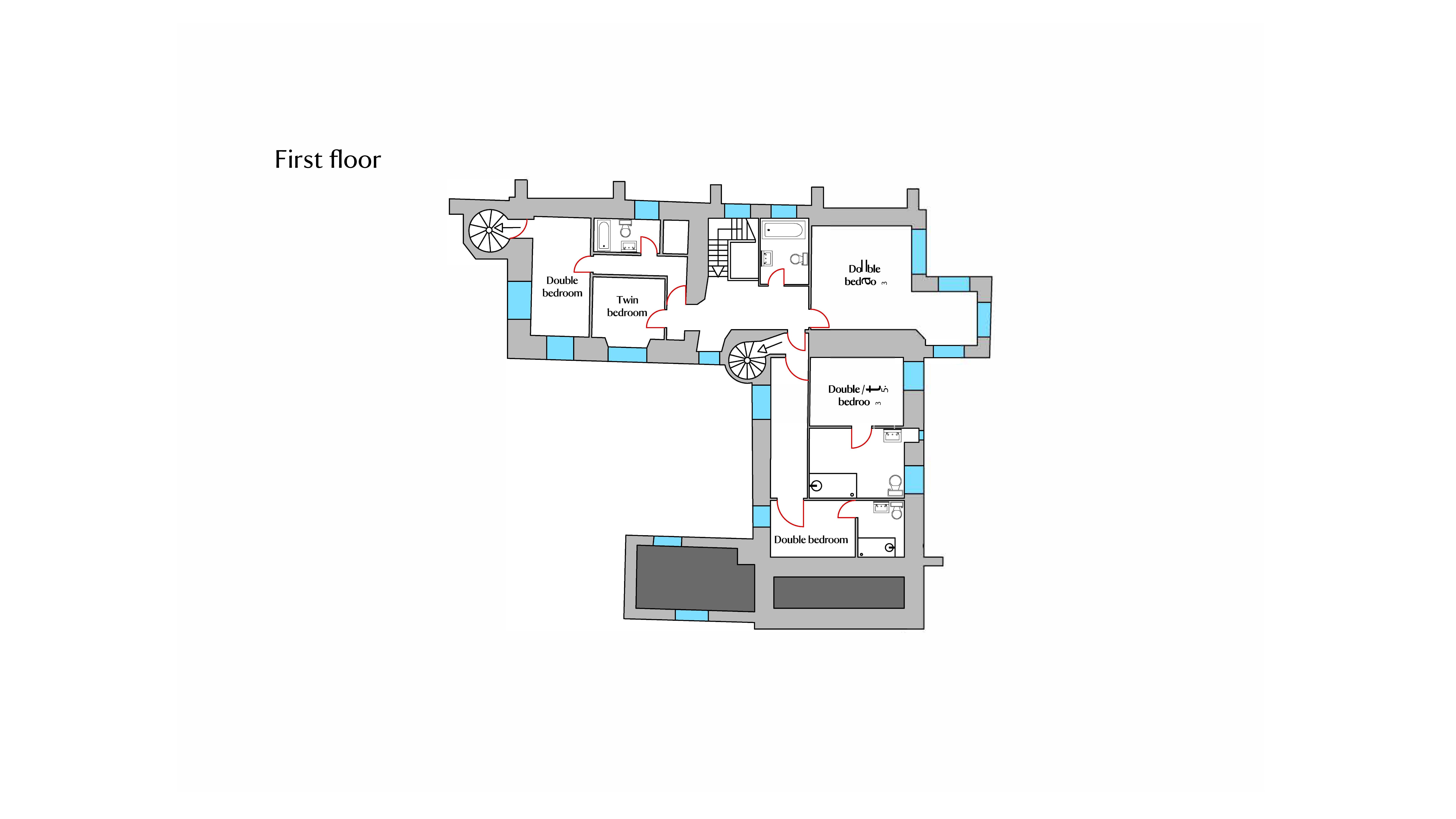 The first floor plan of Shute Barton, showing the staircase and spiral staircase that lead to the hall, two double bedrooms with en-suite shower rooms, a double bedroom with spiral staircase to the ground floor, another double bedroom, a twin bedroom and two bathrooms.