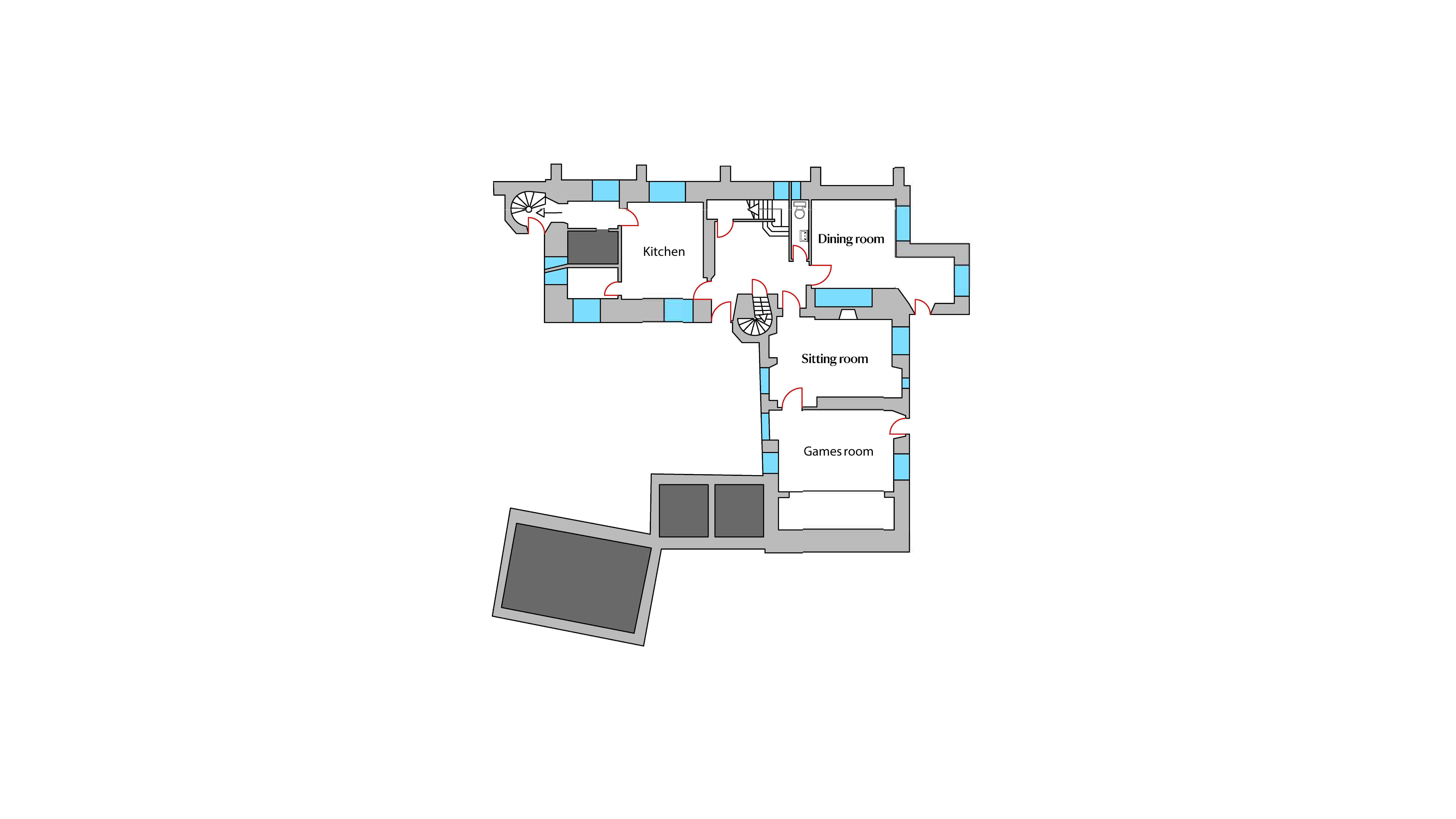The ground floor plan for Shute Barton, showing entrance hall with staircase to the first floor and spiral staircase to the first and second floors, toilet, kitchen, utility room, another spiral staircase to one of the double bedrooms, dining room with external door, sitting room and games room in the Great Kitchen.