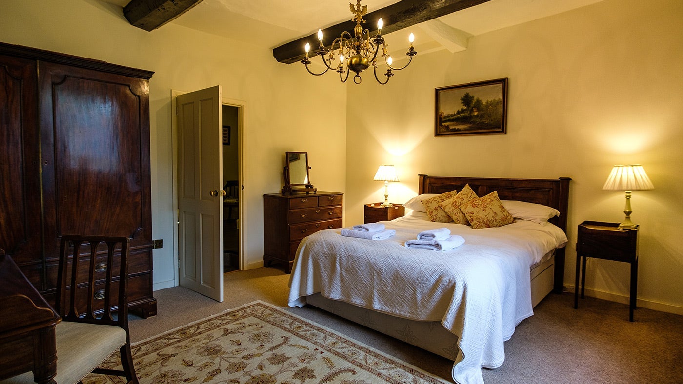One of the double bedrooms at Shute Barton, Devon