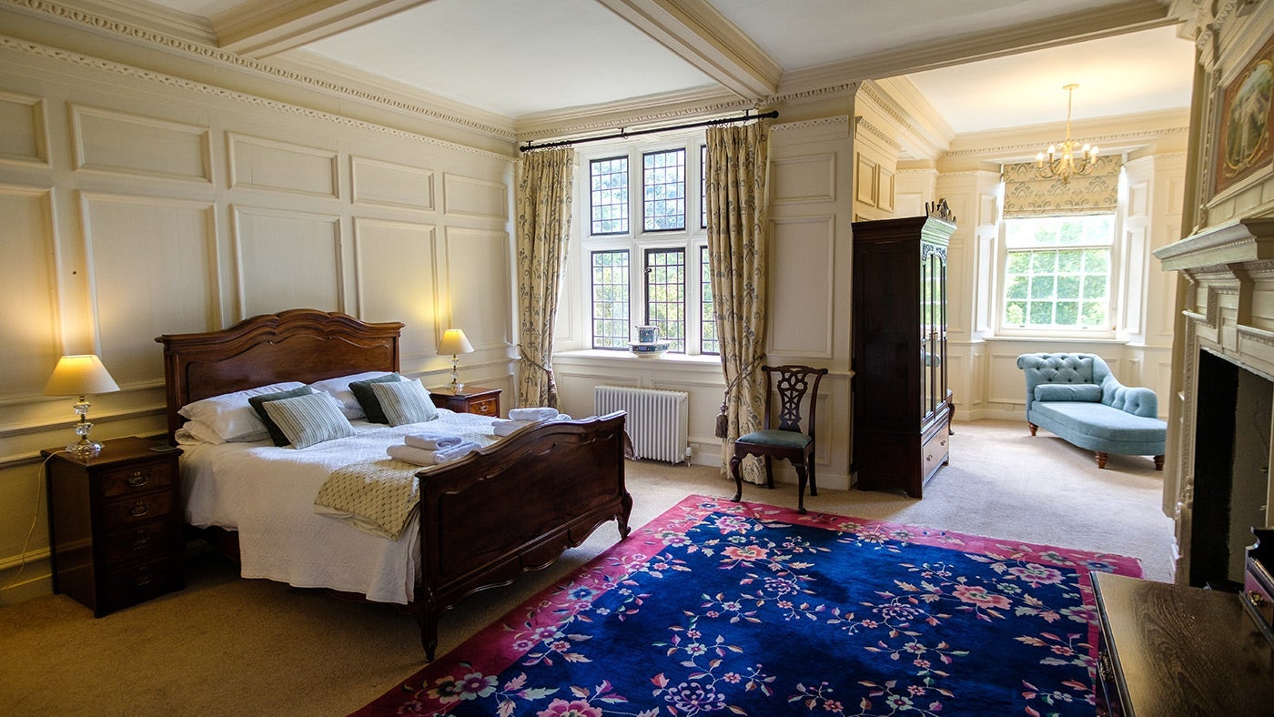 The master bedroom at Shute Barton, Devon