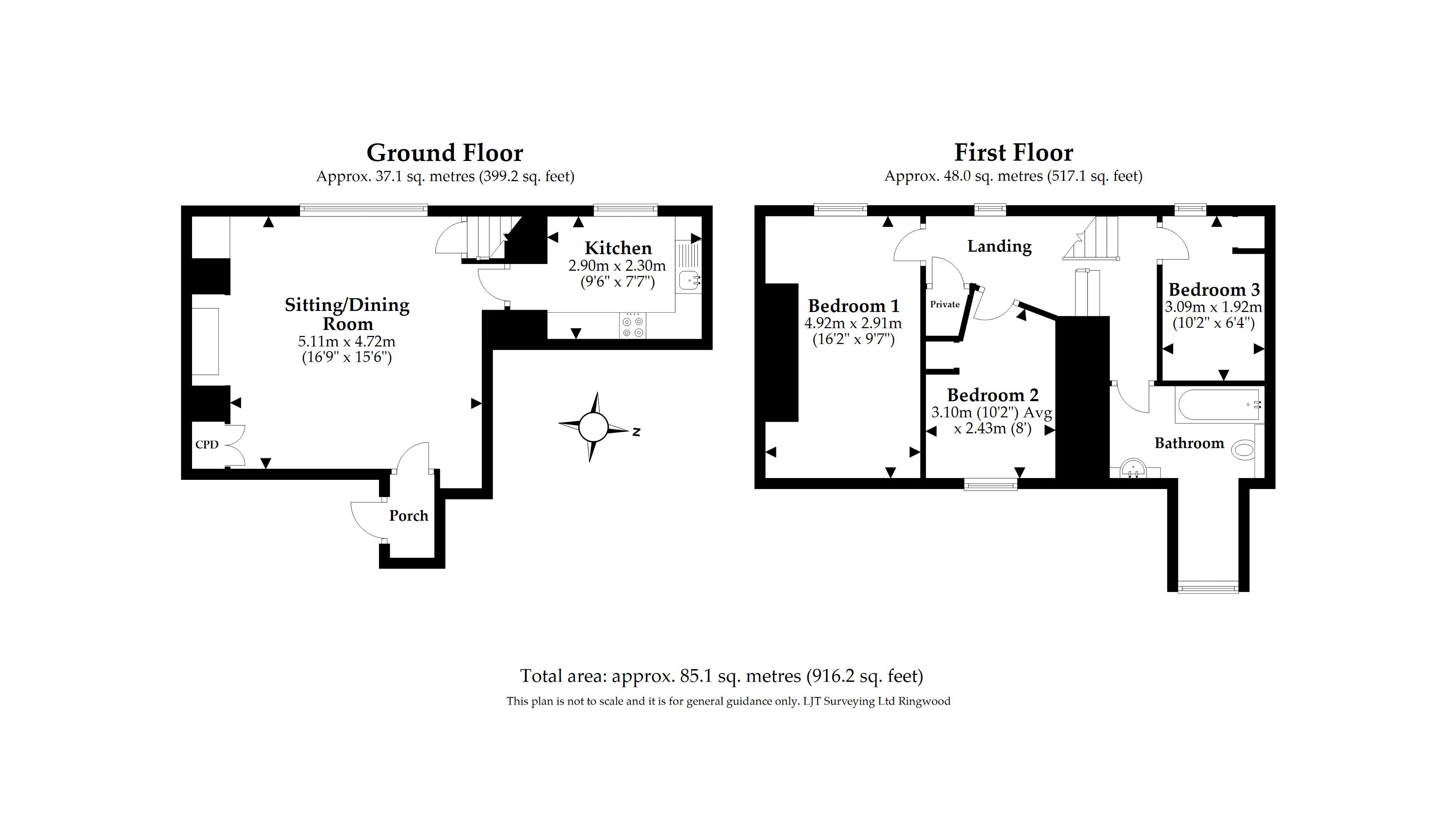 The floor plan for Wembury Mill Cottage, showing ground floor with porch, sitting/dining room and kitchen, and first floor with landing, three bedrooms and a bathroom