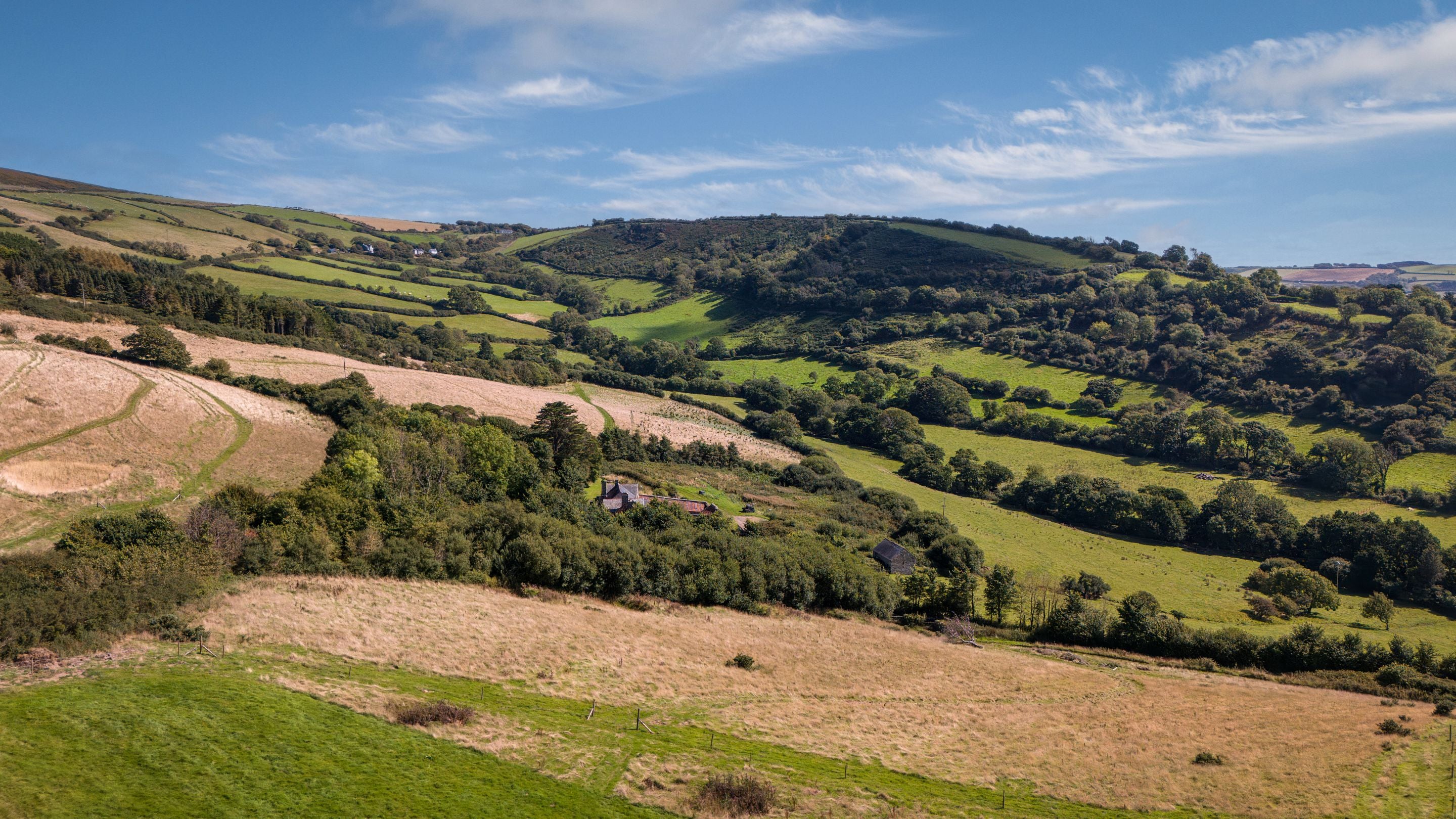An aerial view of the fields around West Challacombe Bothy, Devon