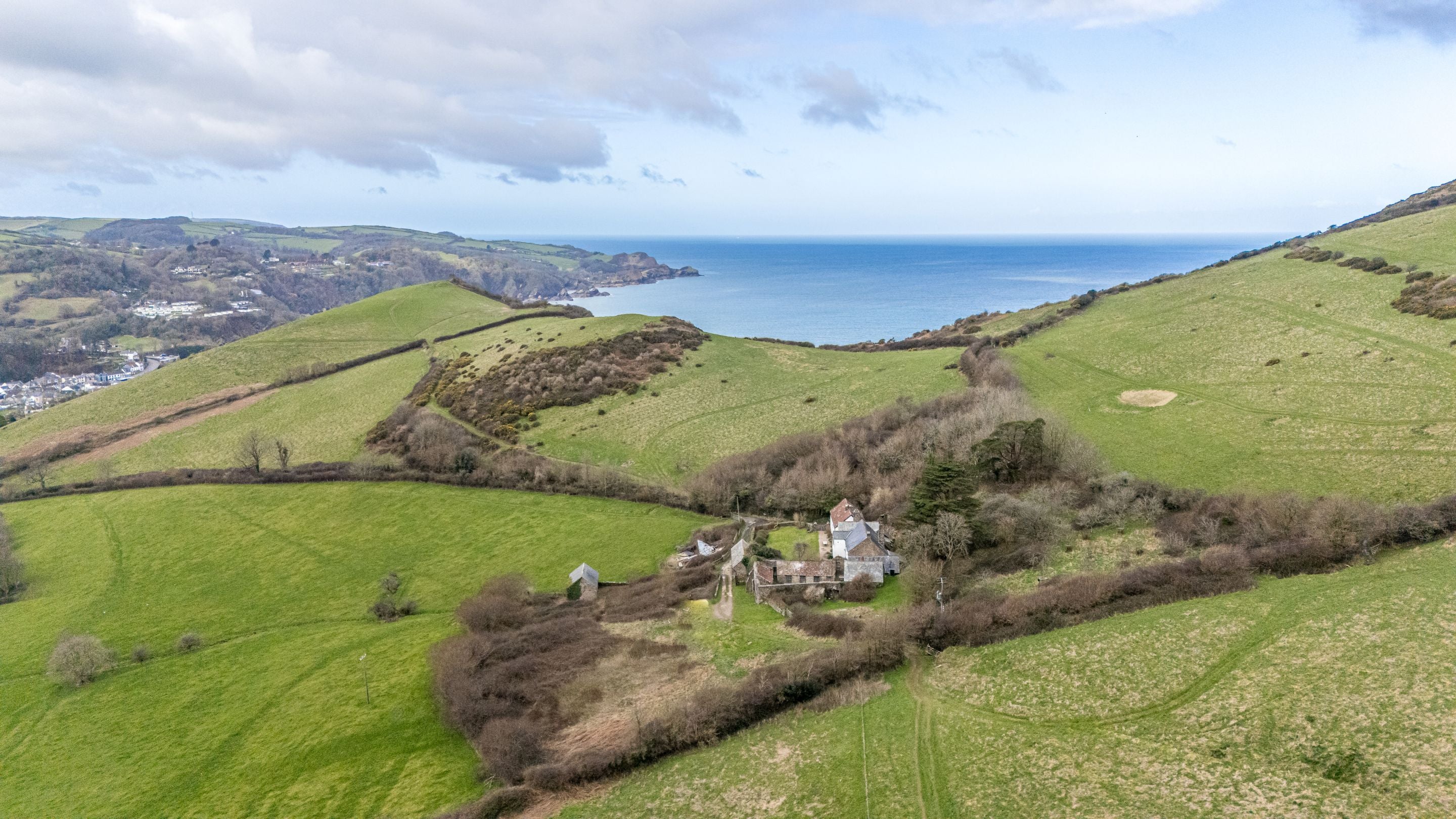 An aerial view of West Challacombe Bothy, Cottage and Farmhouse, Devon