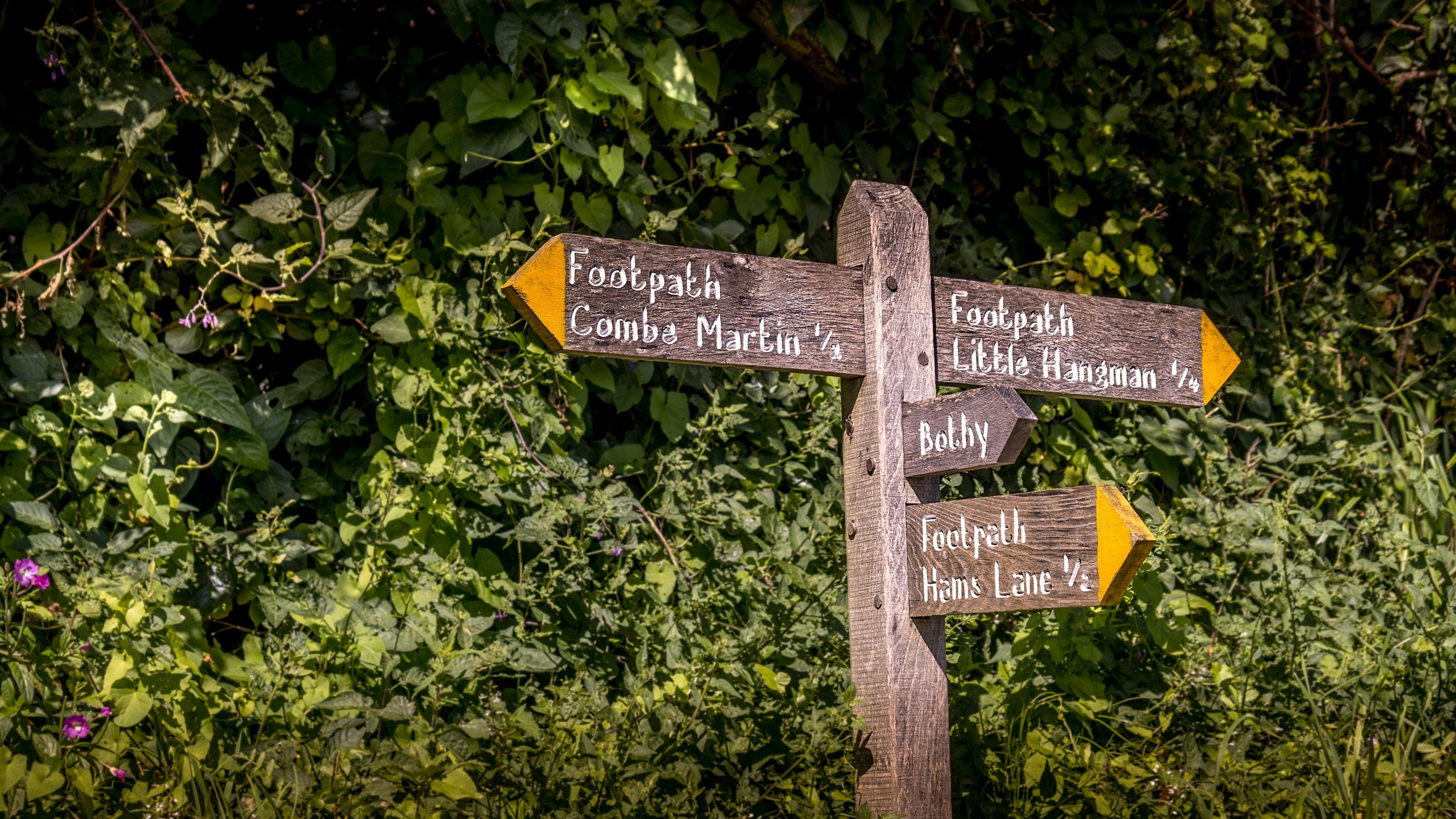 A sign for footpaths near West Challacombe Manor and Cottage, Devon