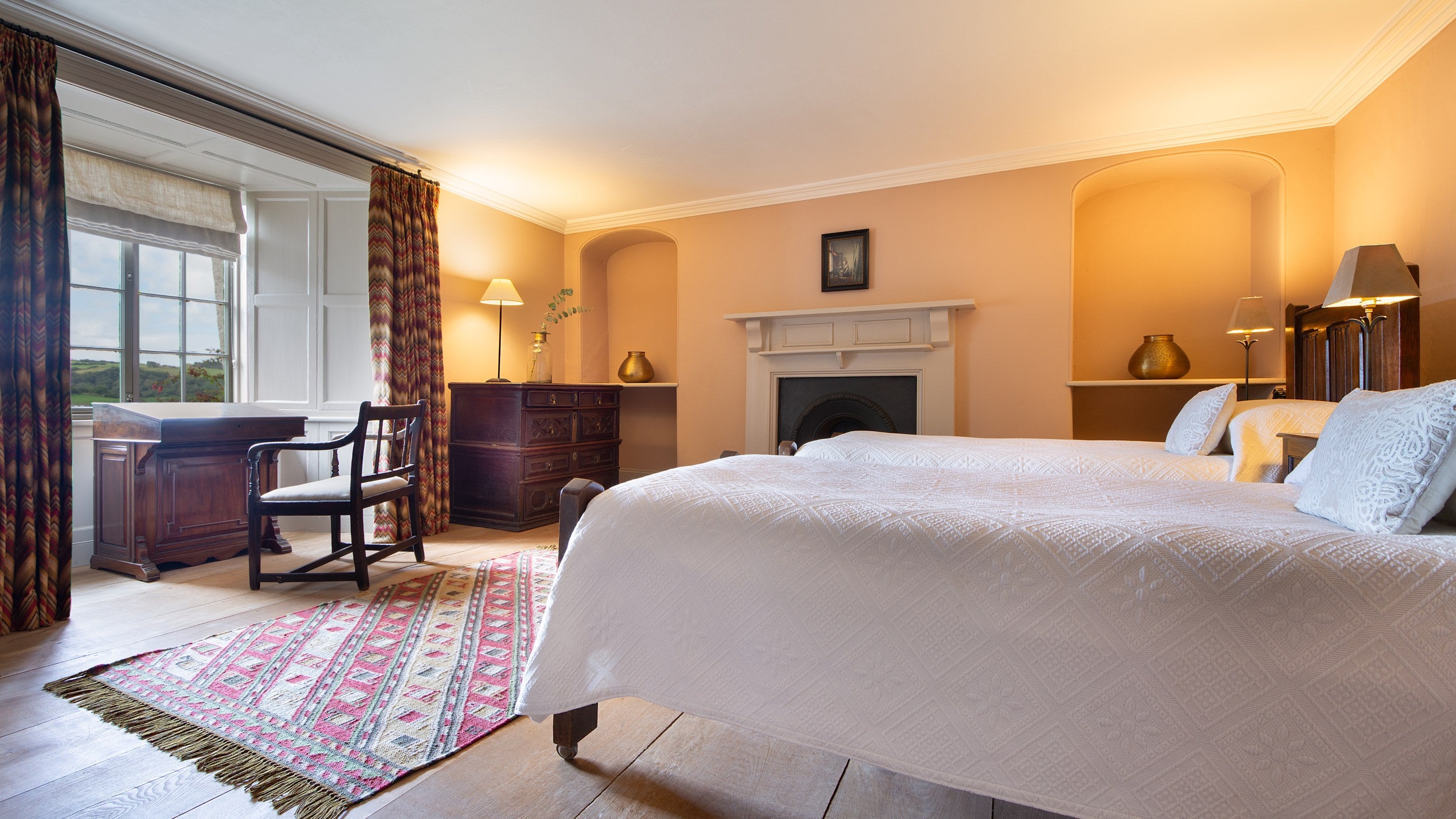 The ground-floor twin bedroom at West Challacombe Manor, Devon
