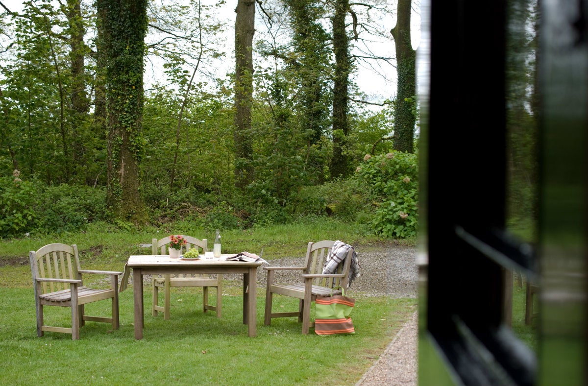 The outdoor seating area at Woolley Lodge, Devon