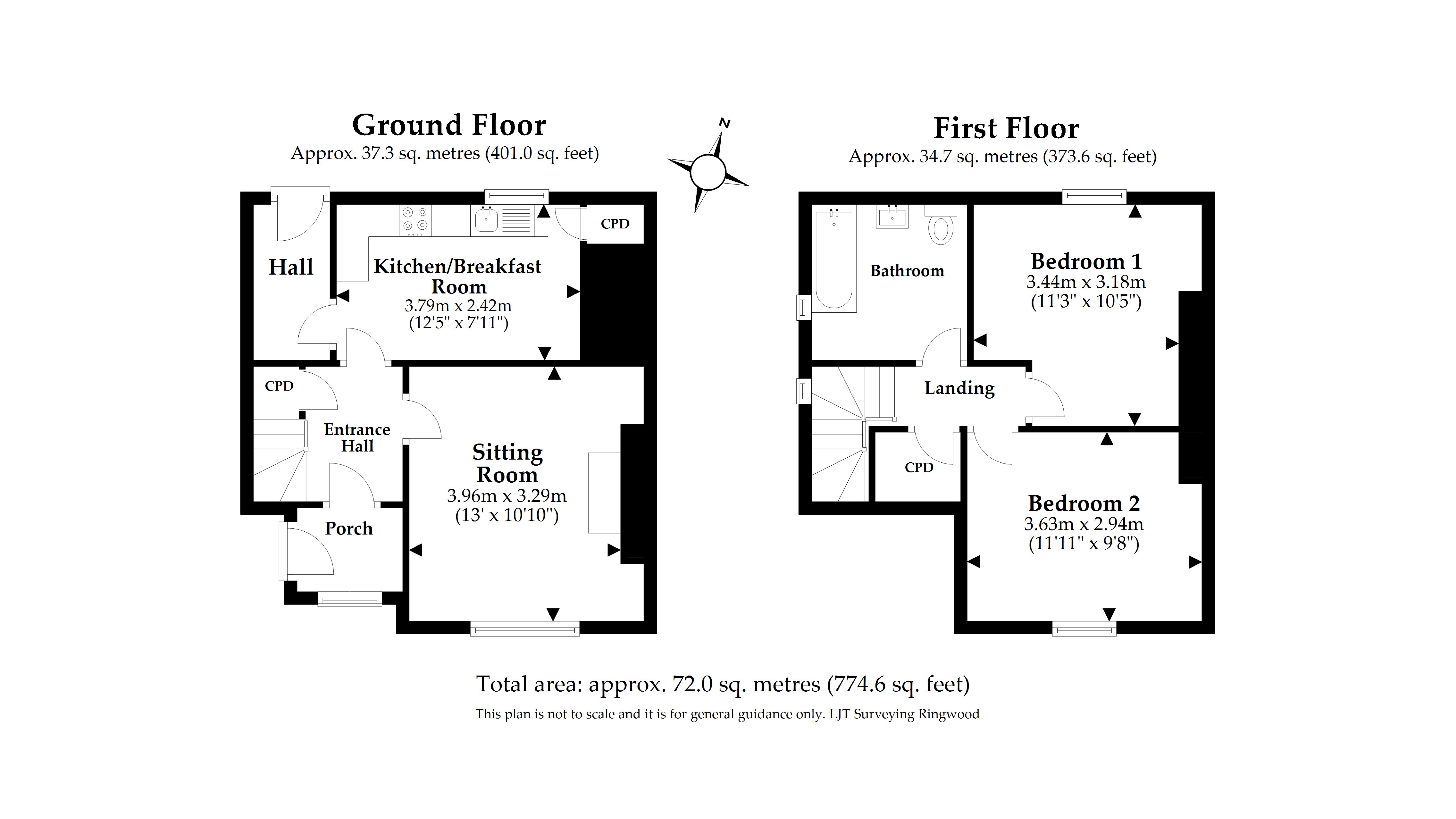 The floor plan for 1 Currendon Cottages, showing the ground floor with kitchen and sitting room, and first floor with two bedrooms and bathroom
