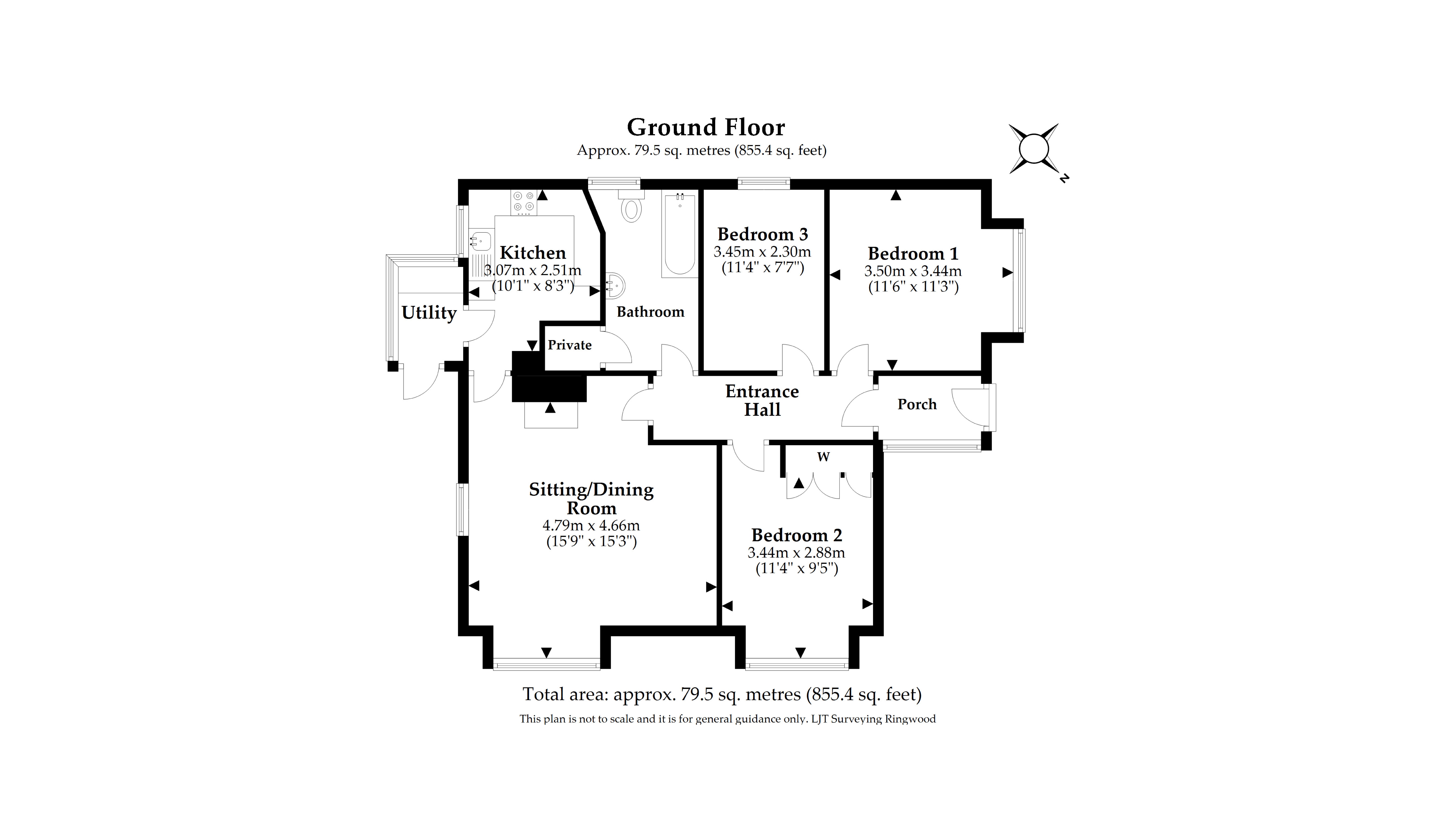 The floor plan for 1 Heathland Cottages, showing the ground floor with kitchen, sitting and dining room, three bedrooms and a bathroom