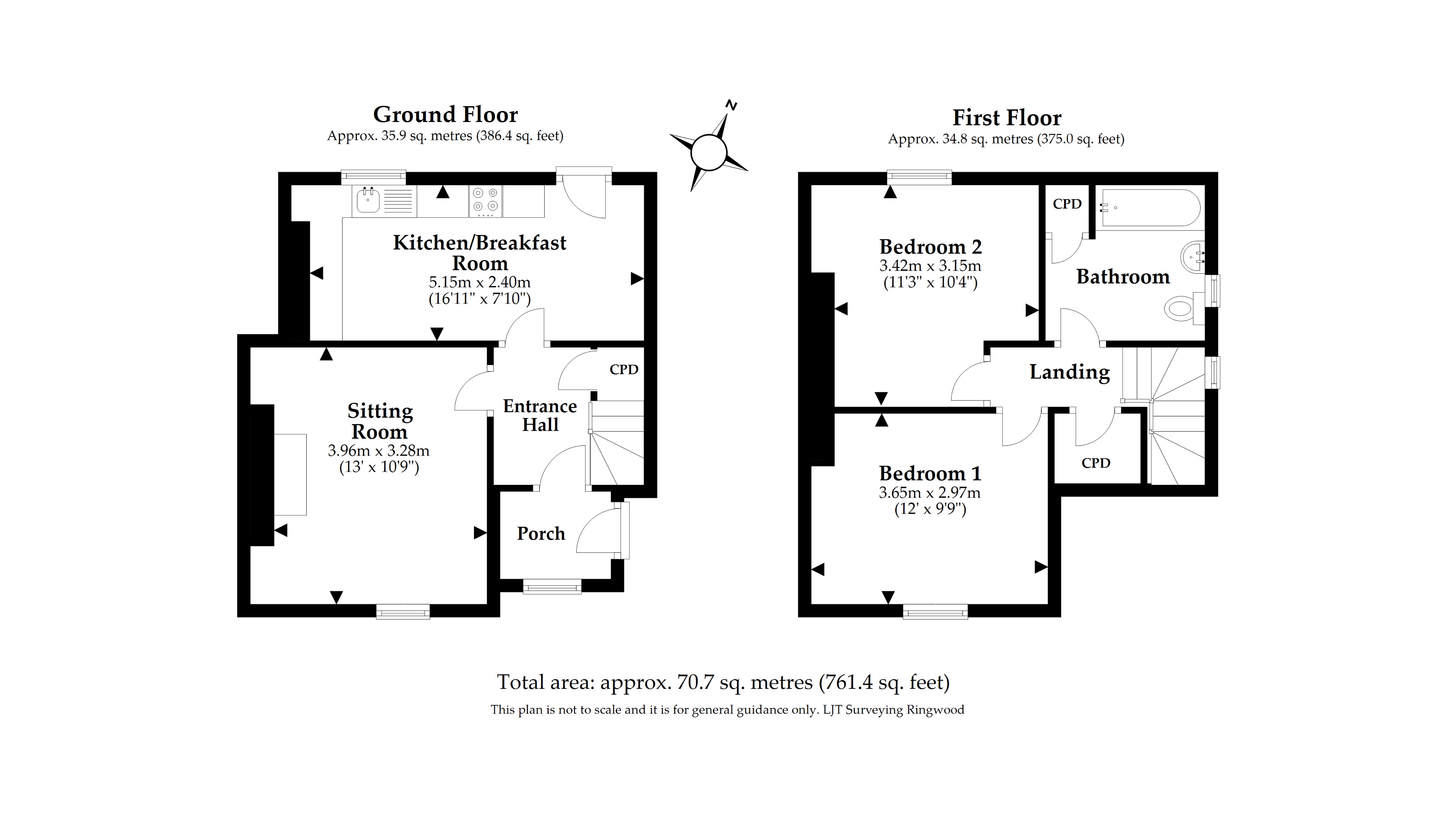 The floor plan for 2 Currendon Cottage, with the ground floor showing sitting room and kitchen, and first floor showing two bedrooms and bathroom