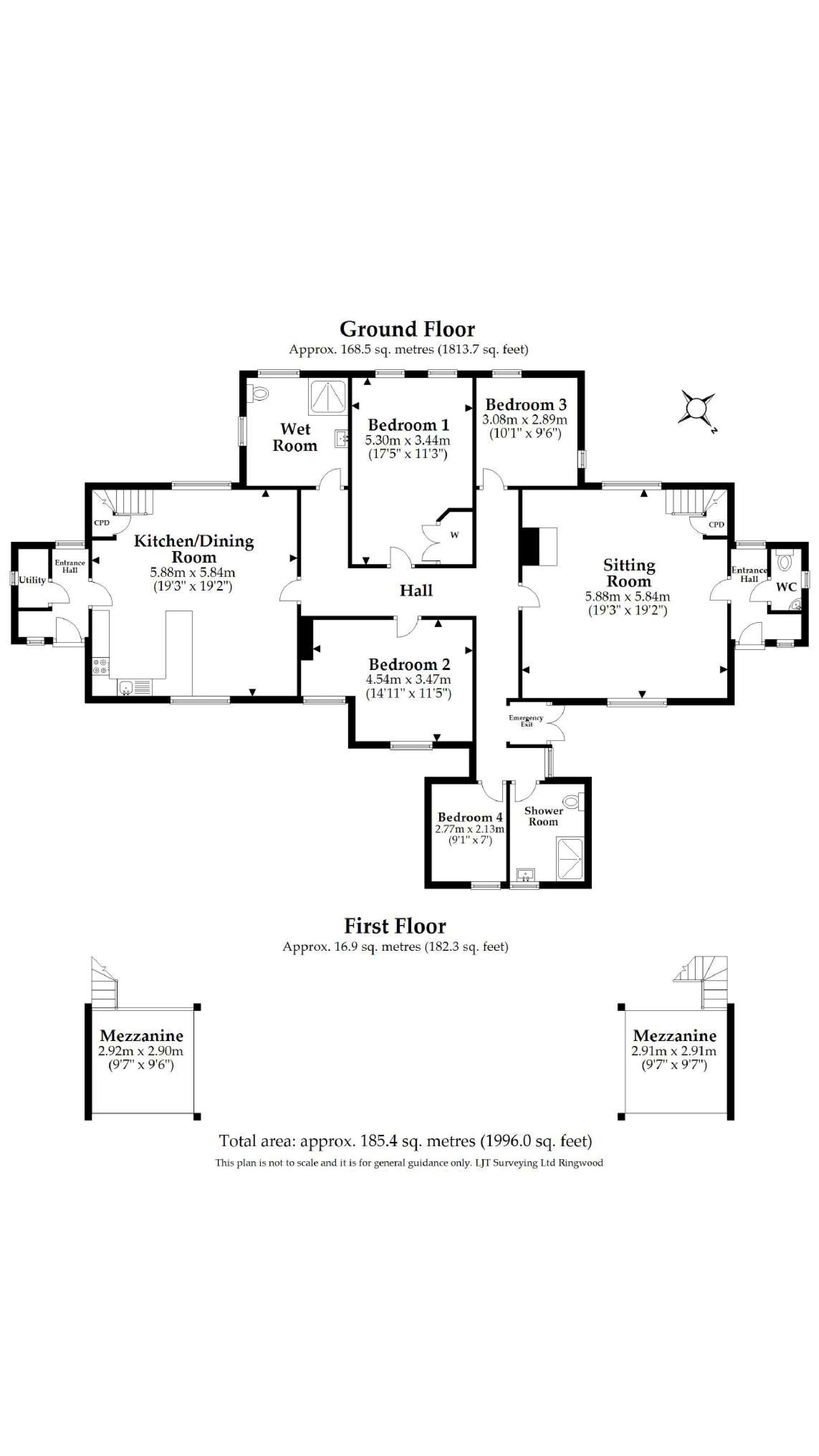 The floor plan for 2 Heathland Cottages, showing the ground floor with sitting room, kitchen with dining area, four bedrooms, shower room, toilet and utility cupboard, and mezzanine
