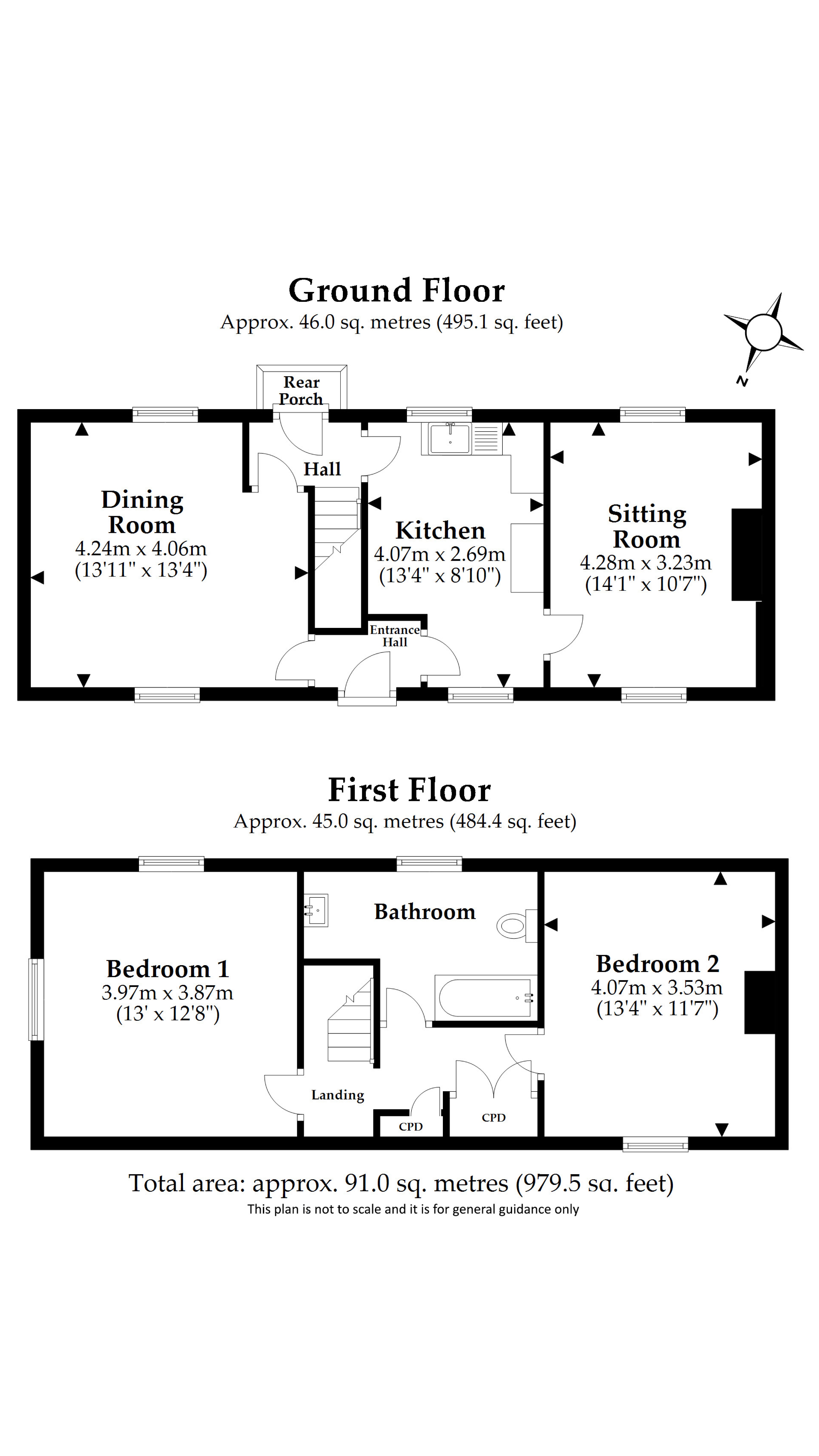 The floor plan for 524 Pamphill Green Cottage showing the ground floor with sitting room, dining room, kitchen and rear porch and first floor with two bedrooms and bathroom