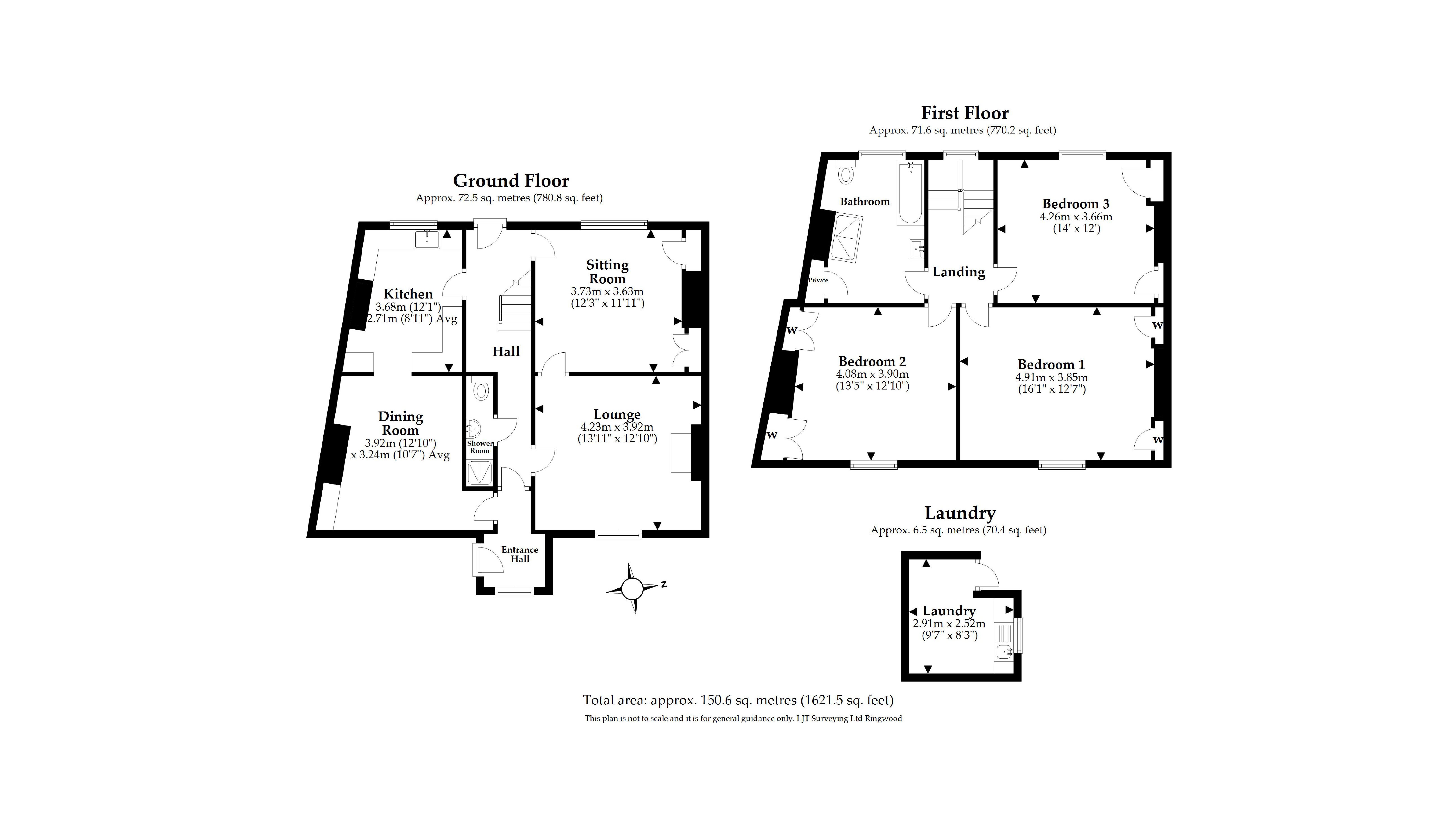 First floor plan for Agent's House showing the ground floor with kitchen, dining room, sitting room, second sitting room and shower room and first floor with three bedrooms and a bathroom
