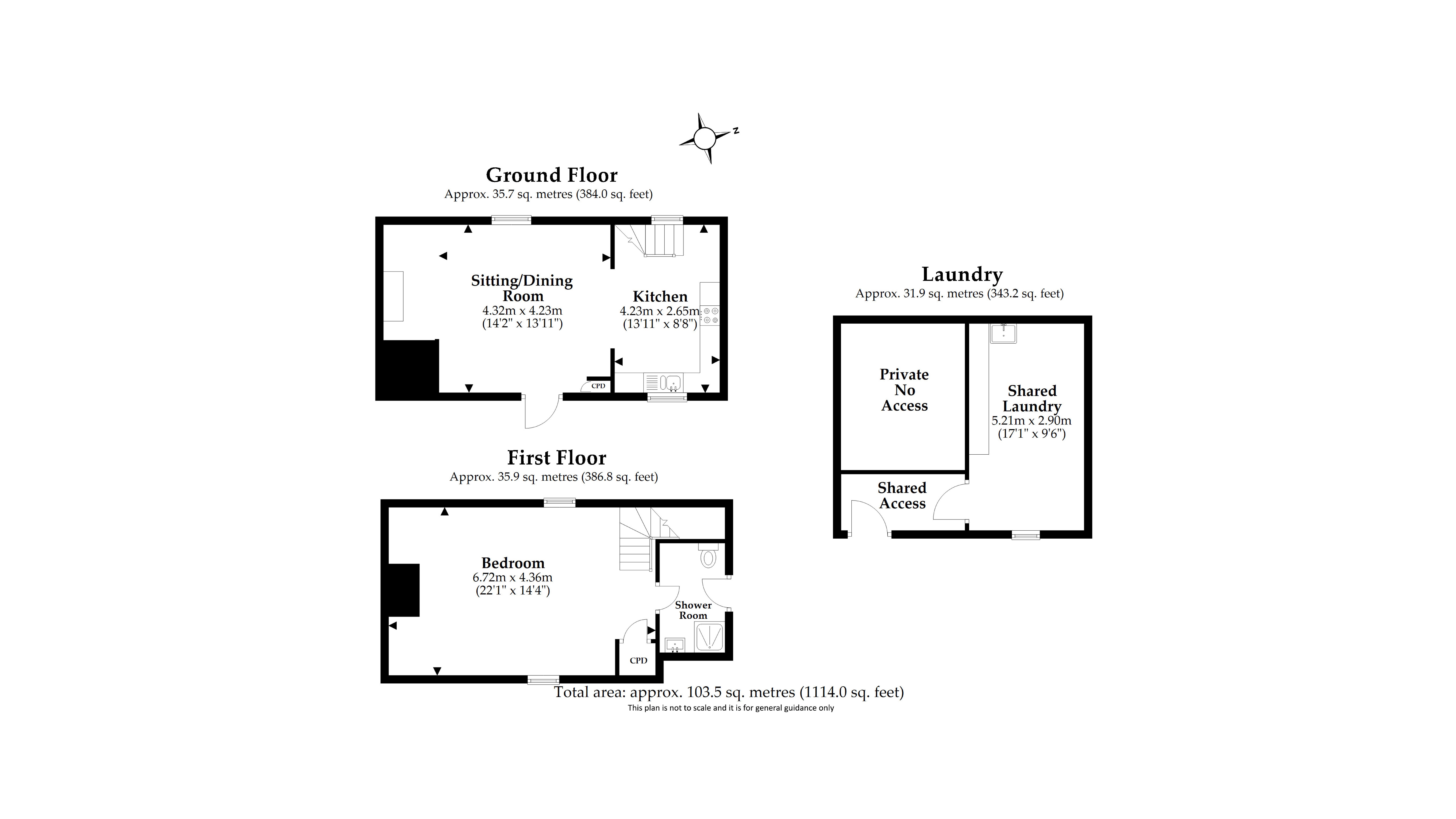 The floor plan for The Bakehouse, showing the ground floor with sitting and dining room and kitchen, the shared laundry, and the first floor with bedroom and shower room