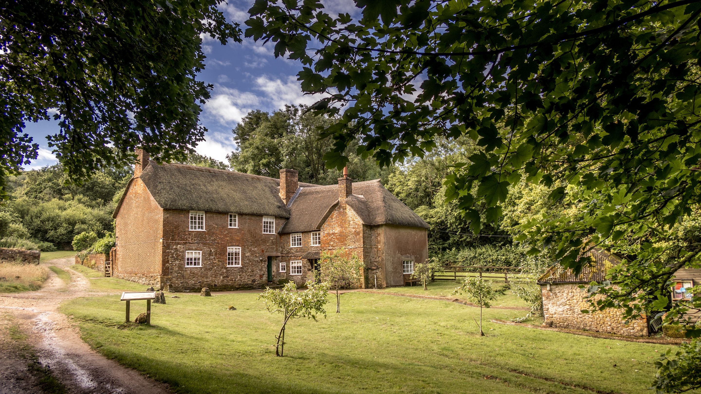 The exterior of Beech Cottage and the other St Gabriel’s Cottages, viewed through the surrounding trees, Dorset