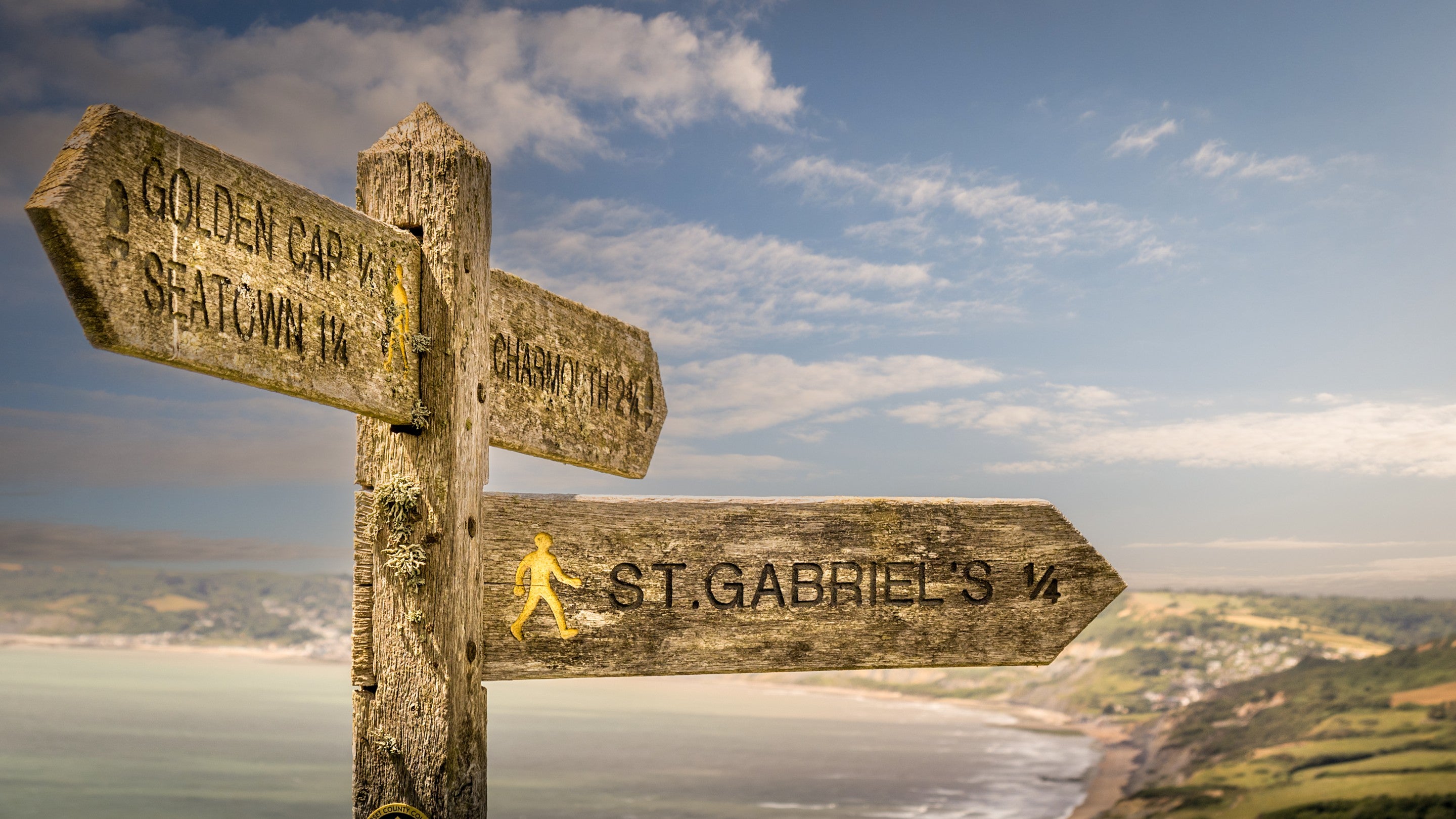 Signpost for coastal footpaths near St Gabriel’s Cottages, Dorset