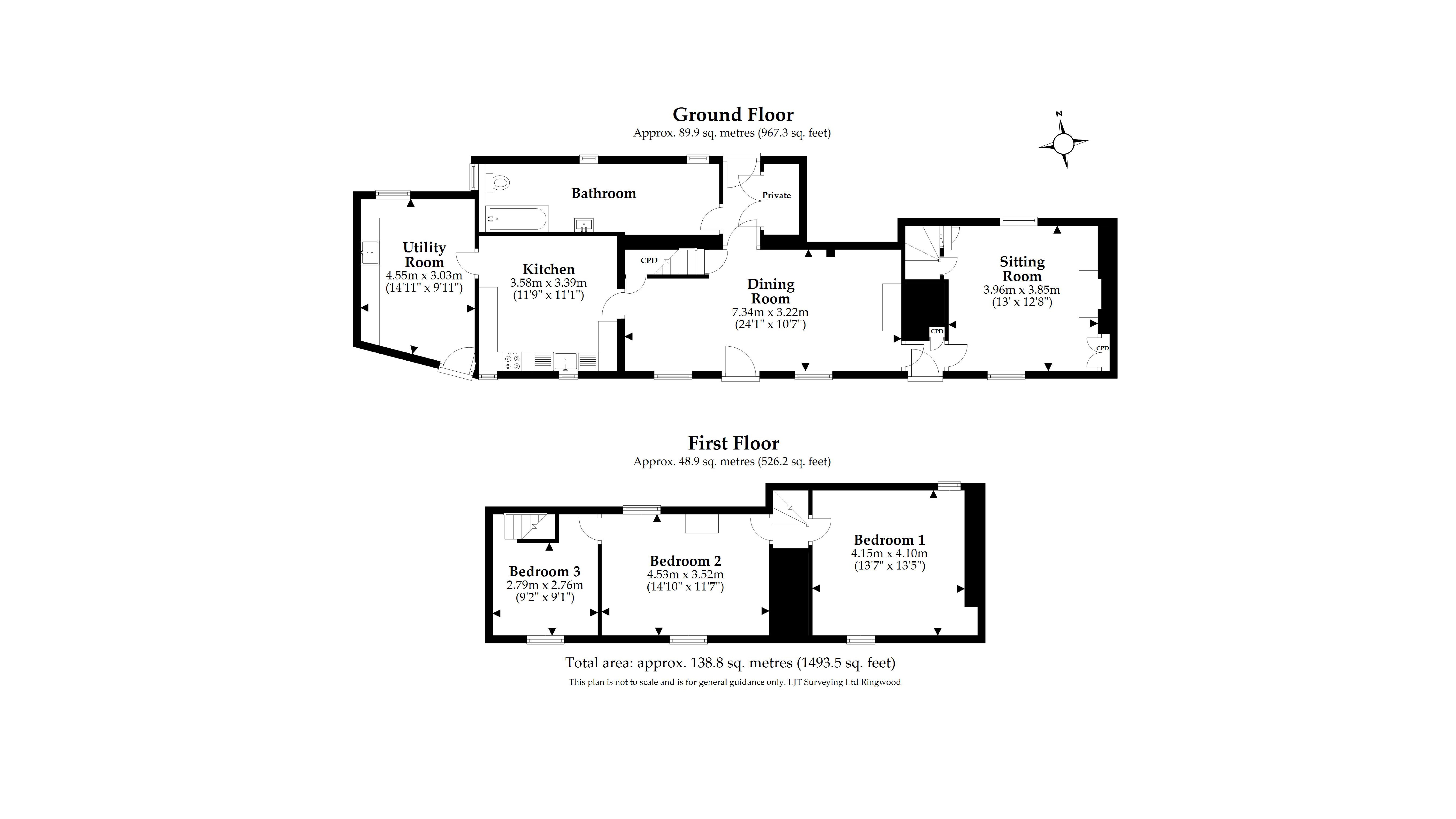 The floor plan for Boar Mill Cottage showing ground floor with sitting room, dining room, kitchen, utility room and bathroom, and the first floor showing three bedrooms.