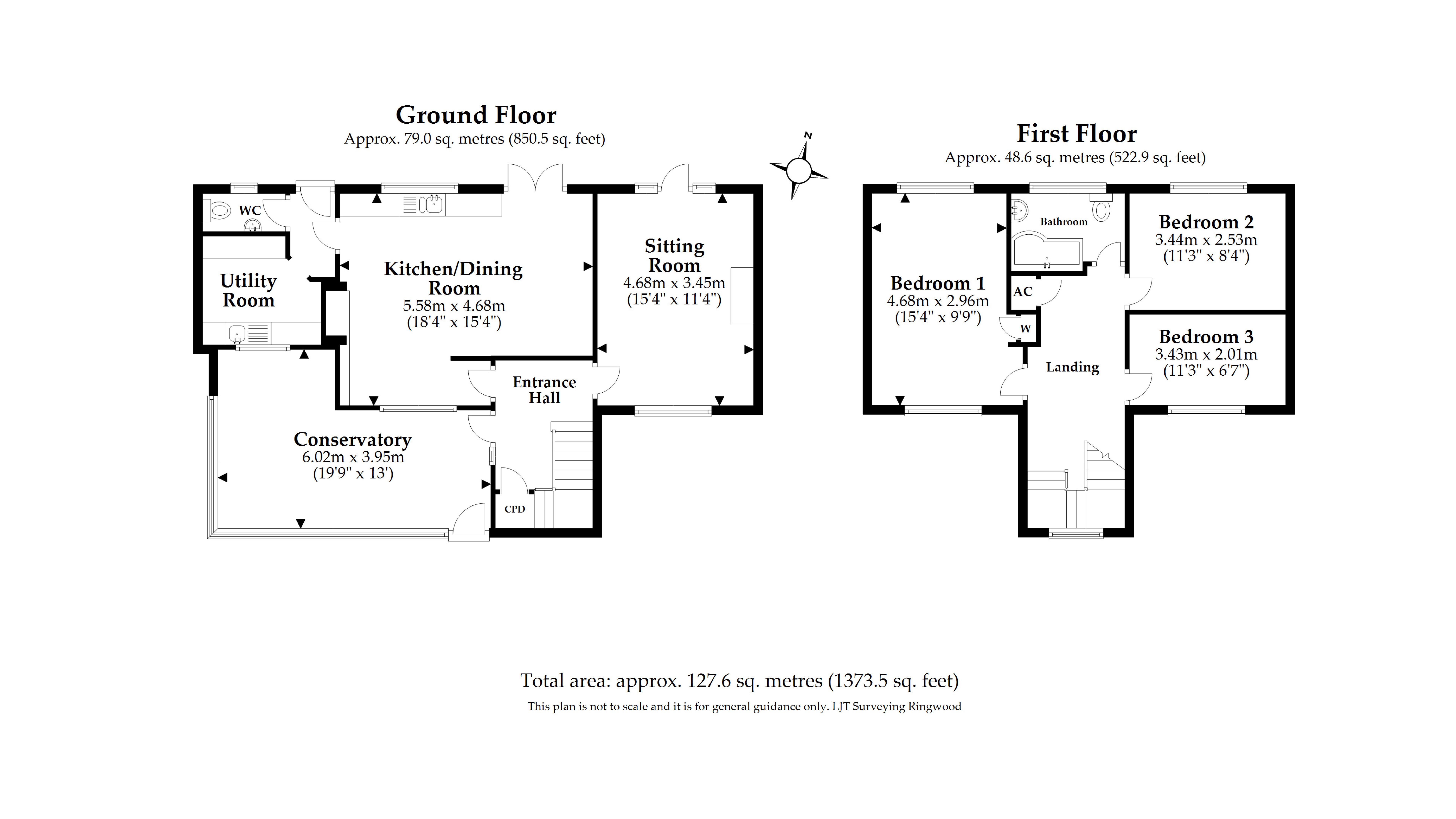The floor plan for Greenlands, showing the ground floor with sitting room, kitchen with table, utility room, toilet and conservatory, and the first floor with three bedrooms and bathroom