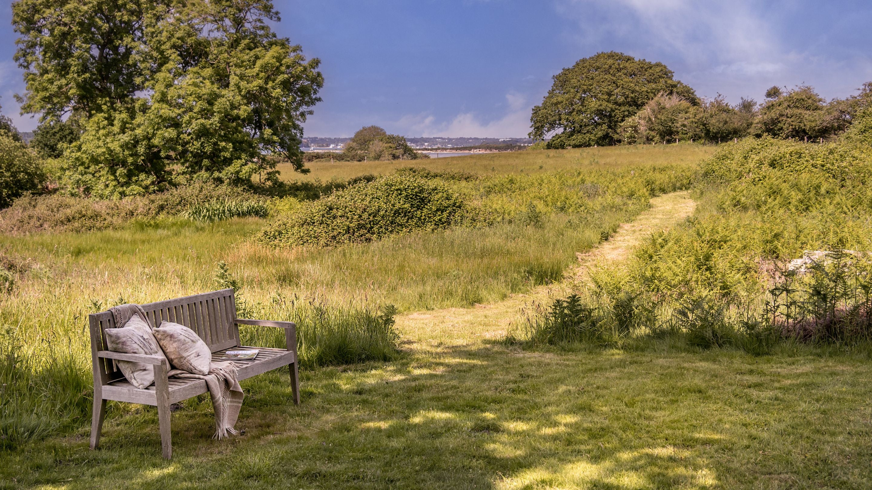 The bench on the lawn in the garden of Greenlands, with Poole Harbour in the background, Dorset