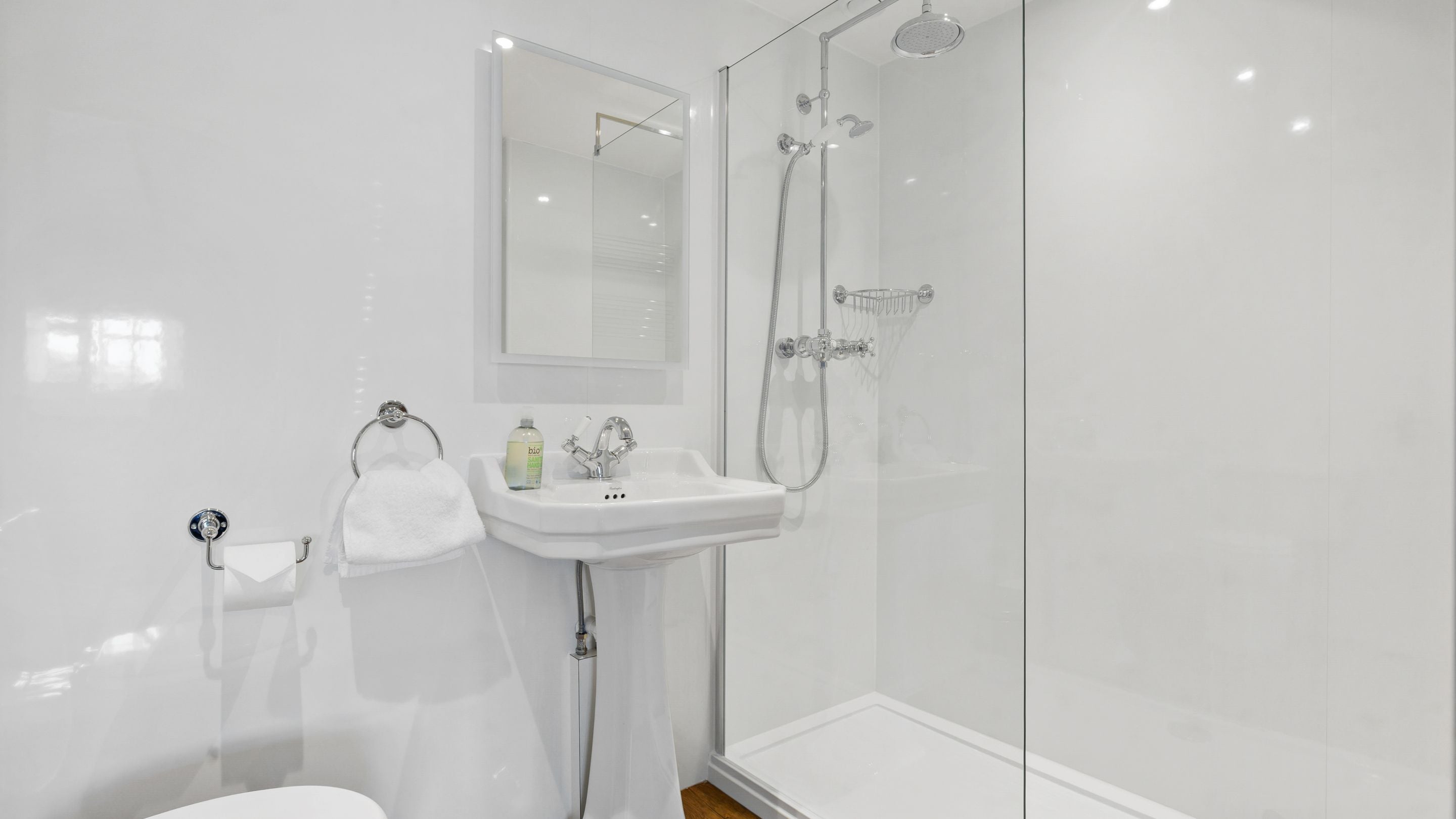 The en-suite shower room for the king-size bedroom at Labour in Vain Cottage, Dorset