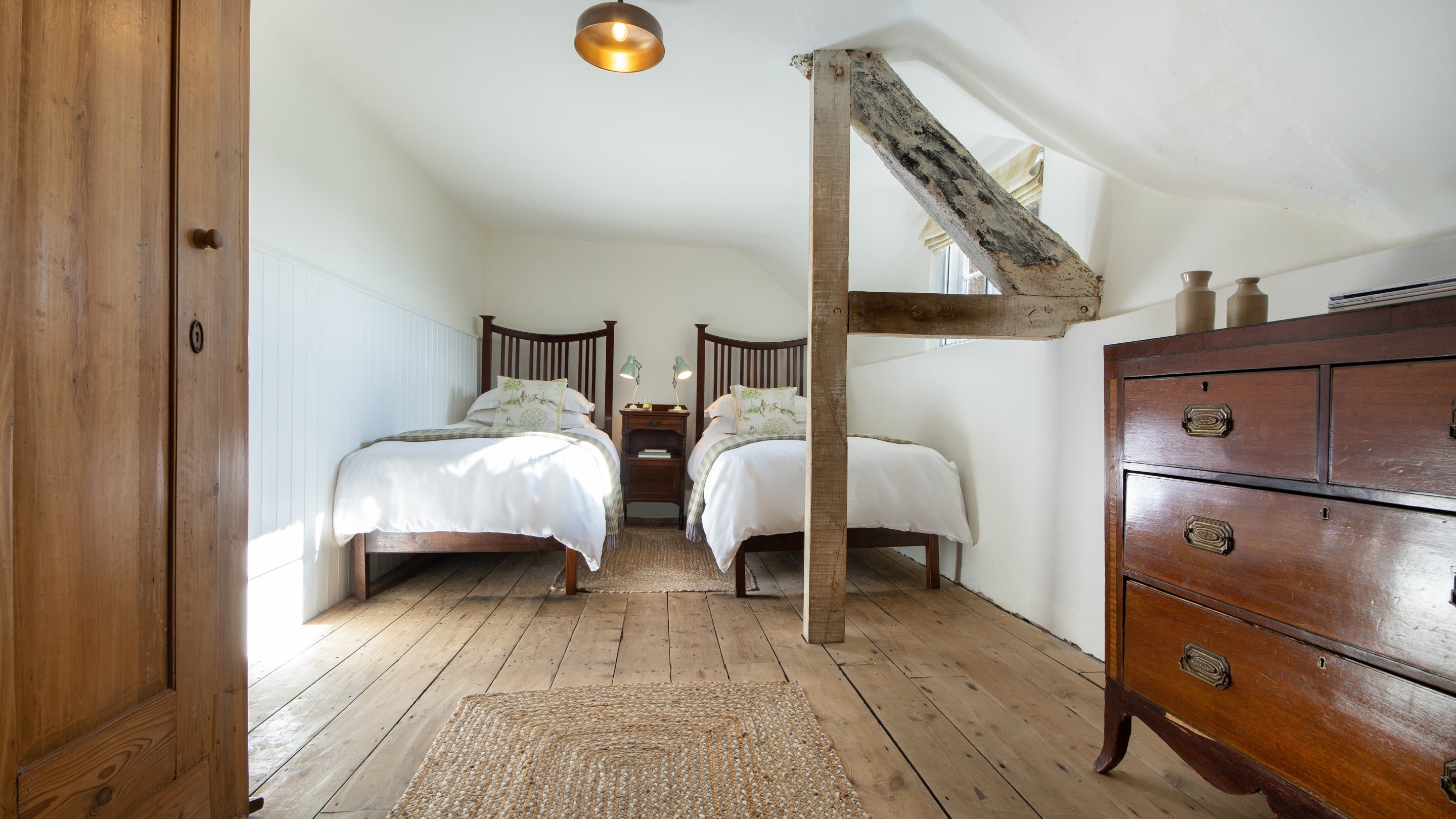 The twin bedroom at Middlebere Farmhouse, Dorset
