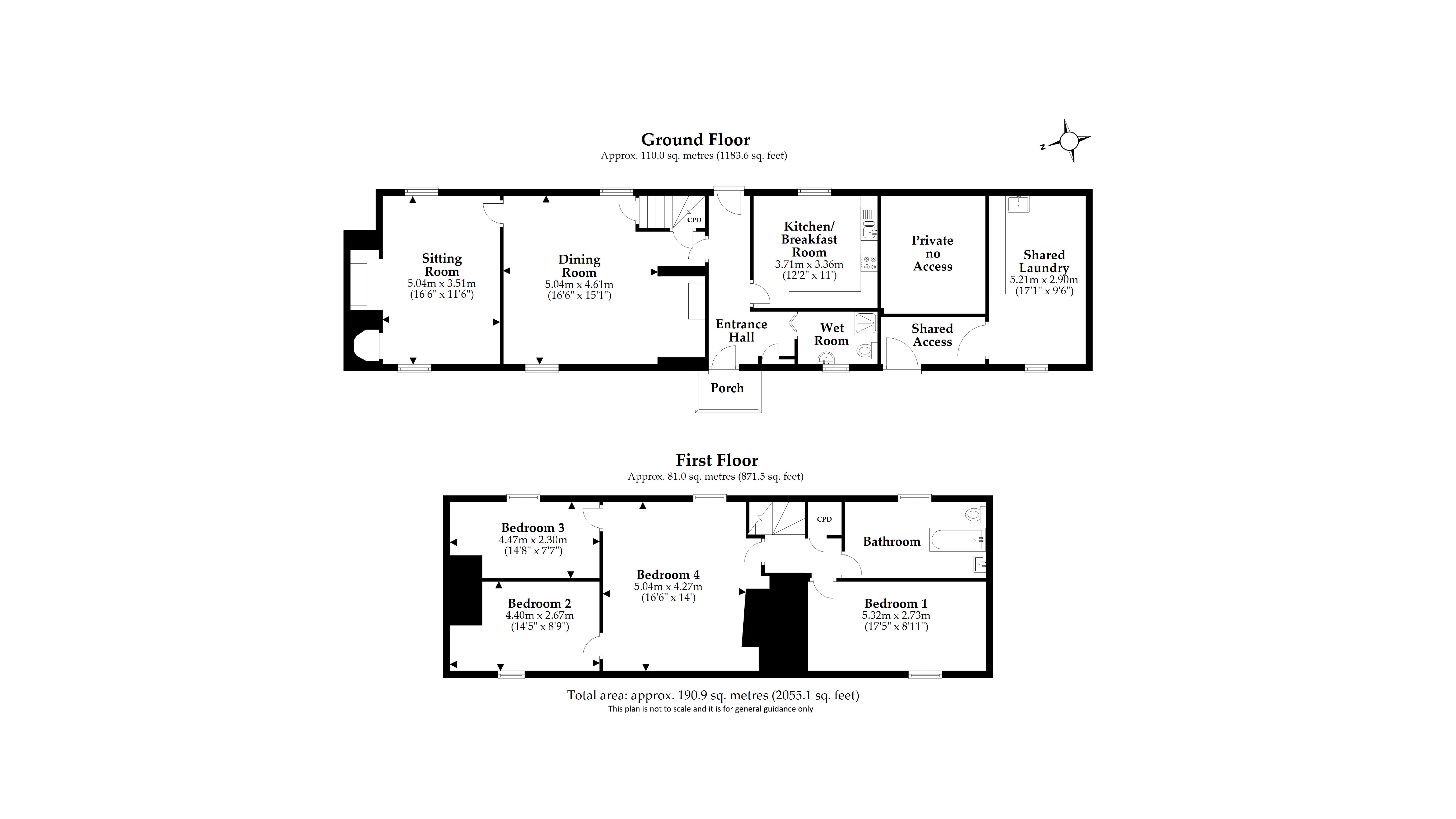 The floor plan for Middlebere Farmhouse, showing the ground floor with sitting room, dining room, kitchen, shower room, and shared laundry, and the first floor with four bedrooms and bathroom