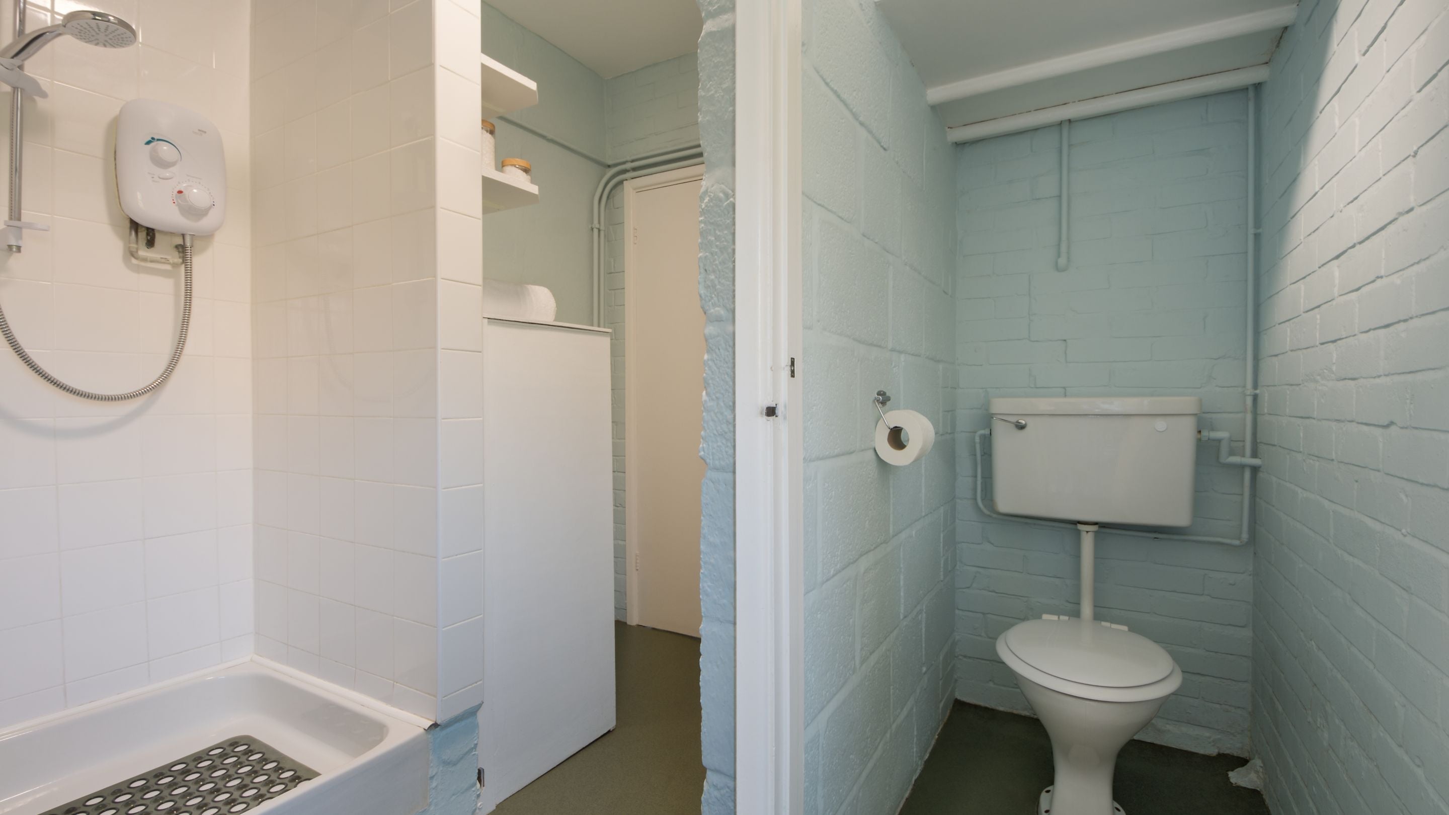 The communal shower room at the Old Radar Station, Dorset