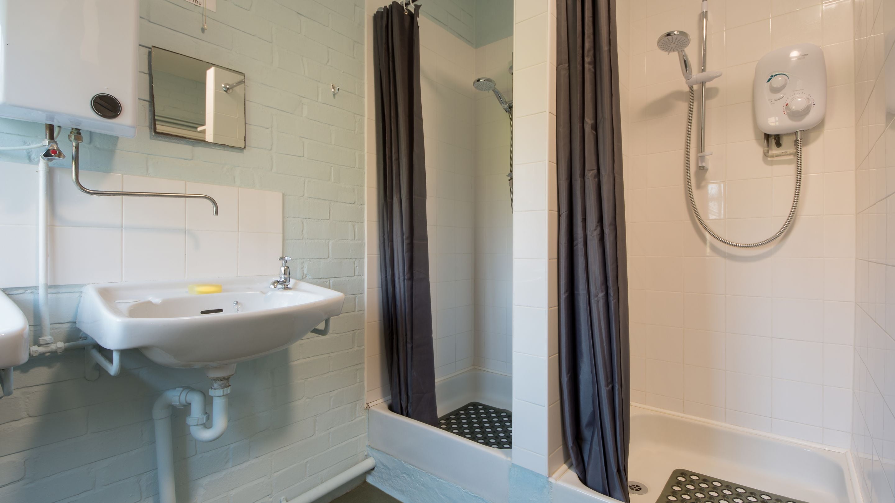 The communal shower room at the Old Radar Station, Dorset